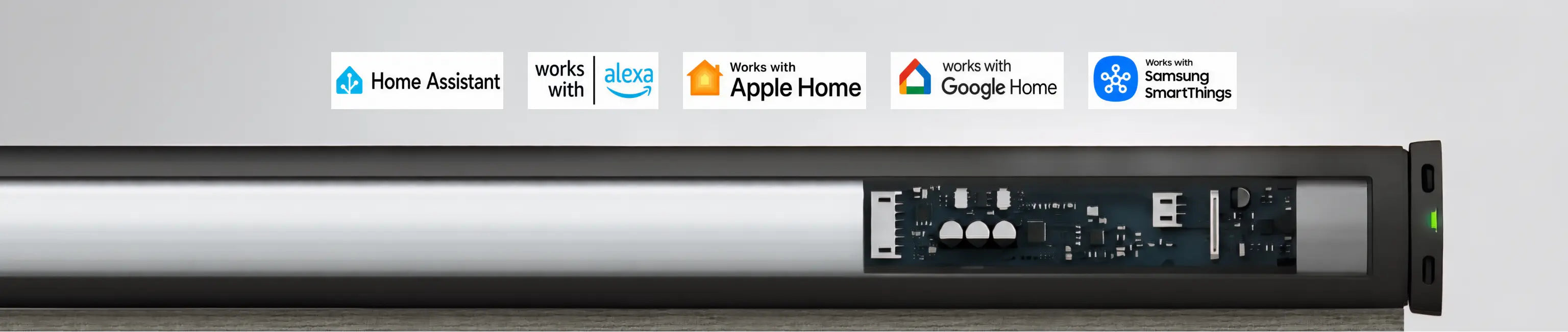 Technical device with connectivity logos for Home Assistant, Amazon Alexa, Apple Home, Google Home, and Samsung SmartThings on a gray background.