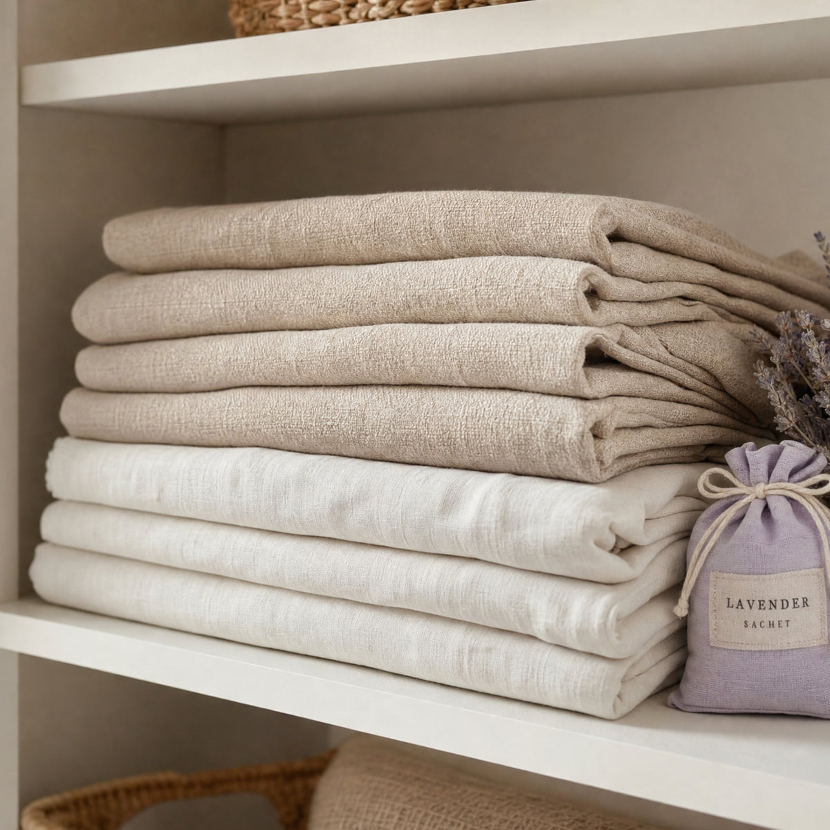 A stack of folded linen textiles in warm beige and off-white tones on a white shelf, with a small lavender sachet labeled 'LAVENDER SACCHET' beside them.