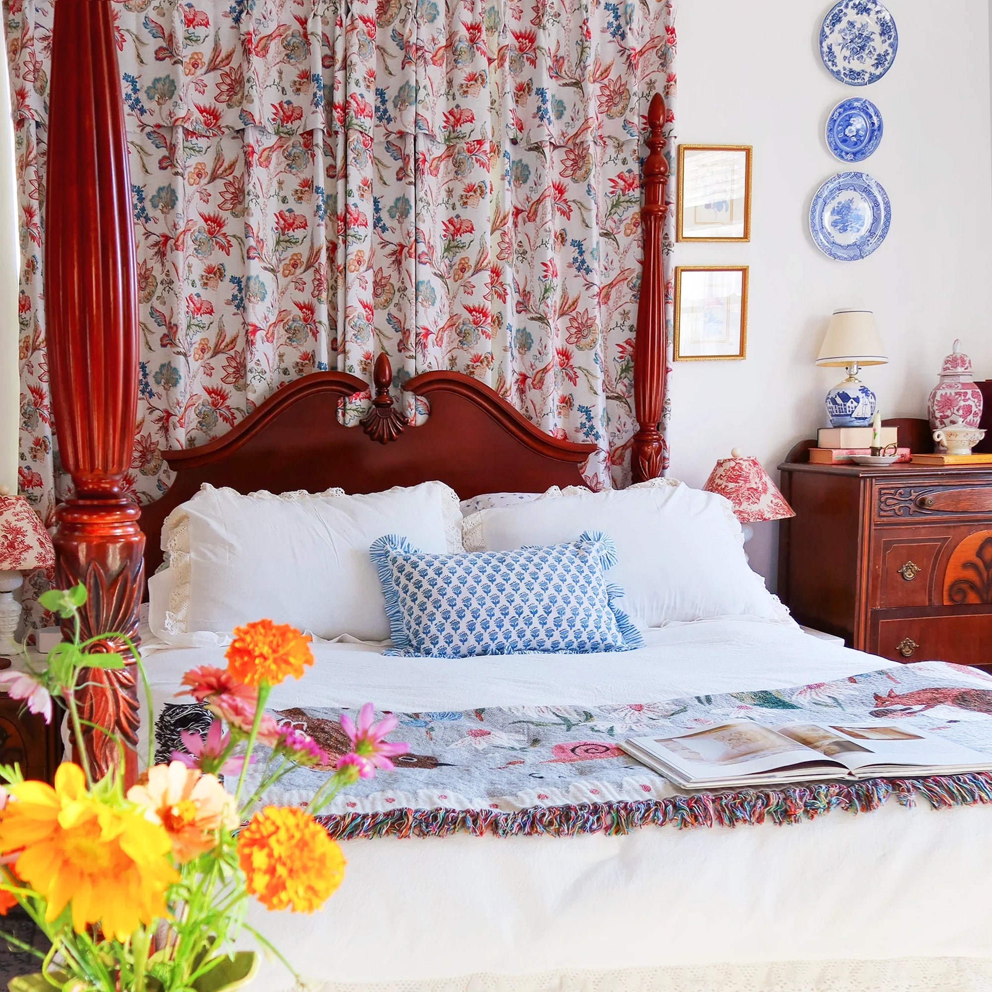 Ada Antique Garden Birds linen textured blackout drapes showcasing bird pattern and light-blocking fabric