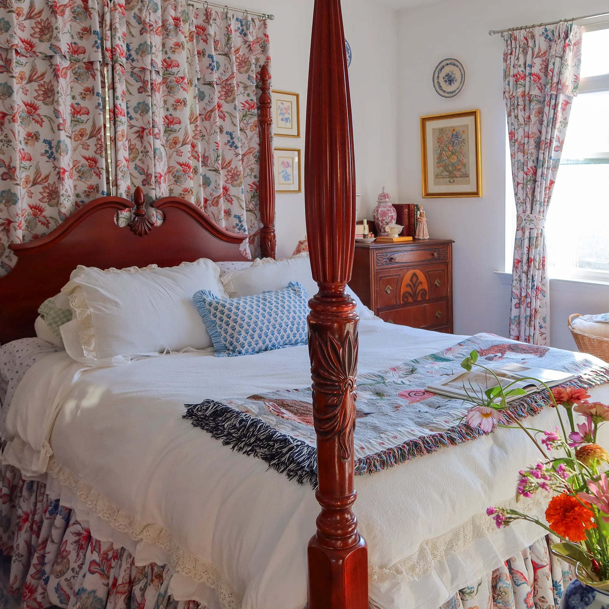 Ada 2 antique garden birds linen textured blackout drapes showcasing floral bird design and drape style