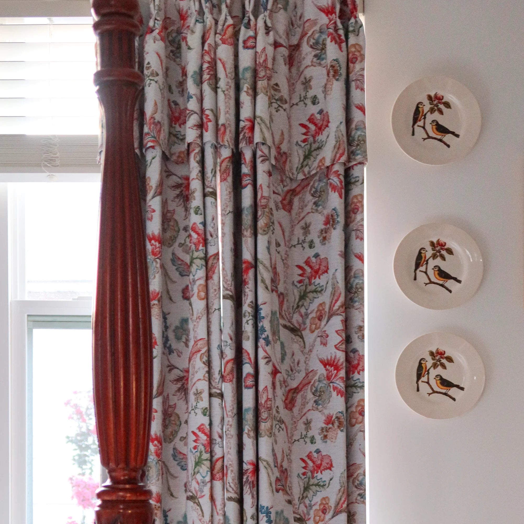 Ada 5 antique garden birds linen textured blackout drapes showcasing pattern and room darkening effect