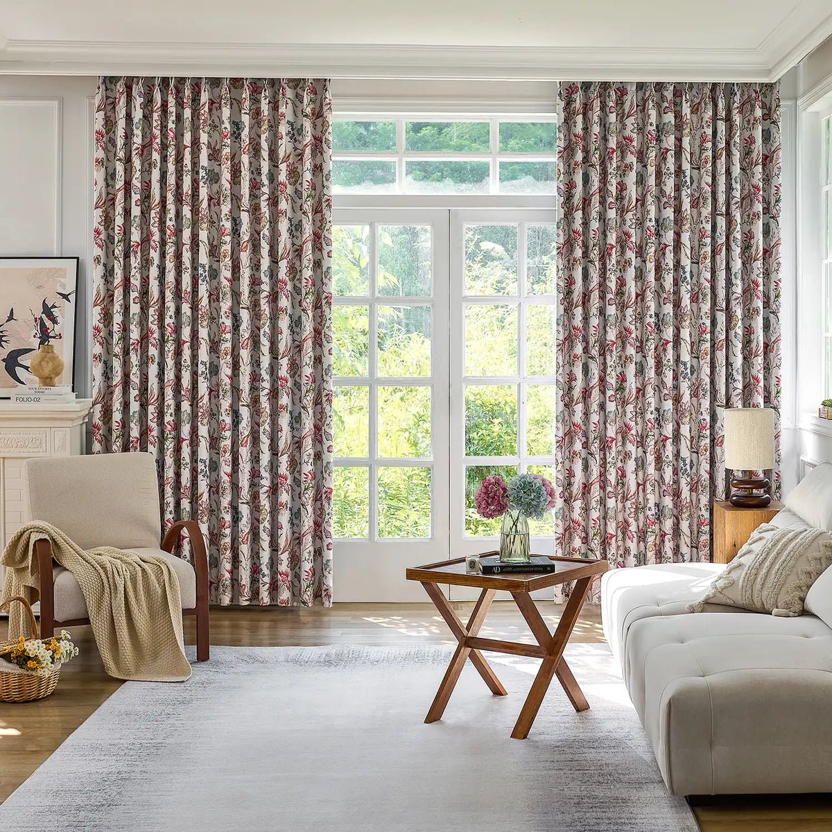 Ada Antique Garden Birds Linen Textured Blackout Drapes