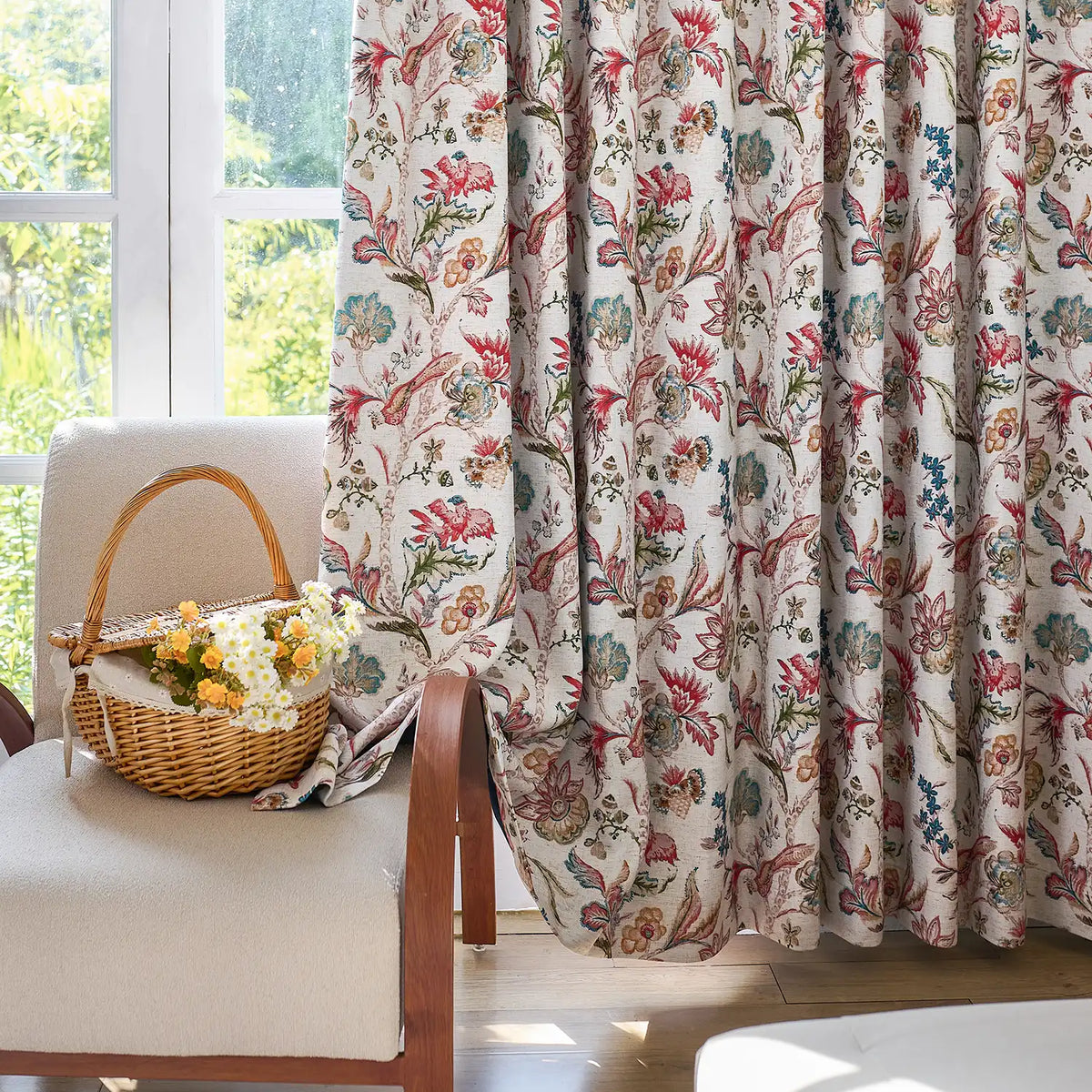 Ada Antique Garden Birds Linen Textured Blackout Drapes