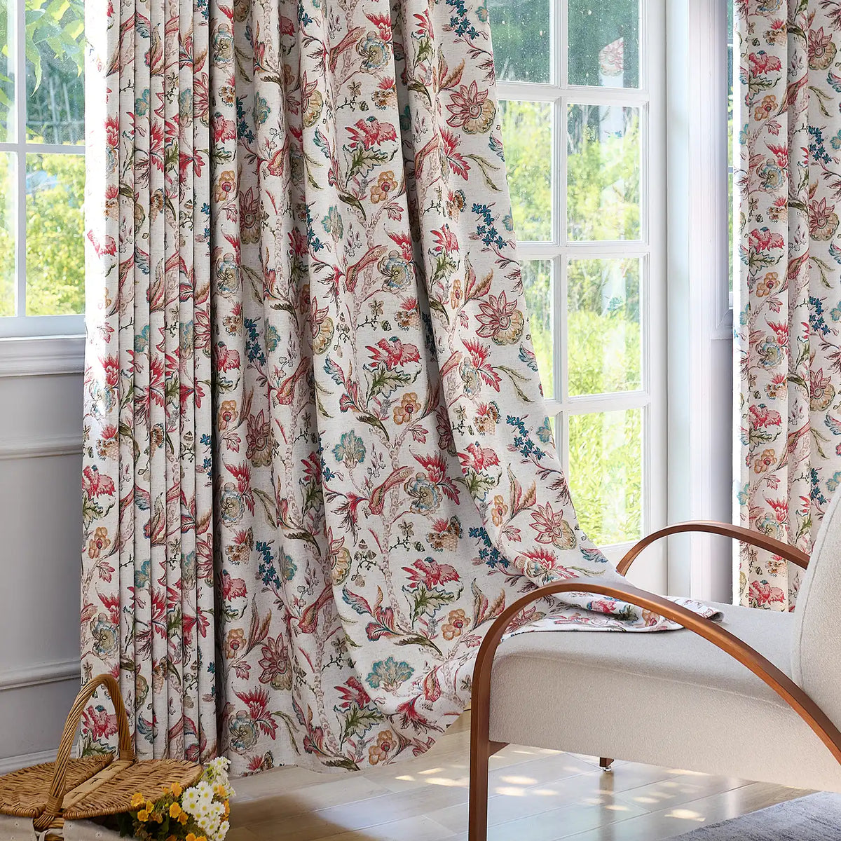 Ada Antique Garden Birds Linen Textured Blackout Drapes