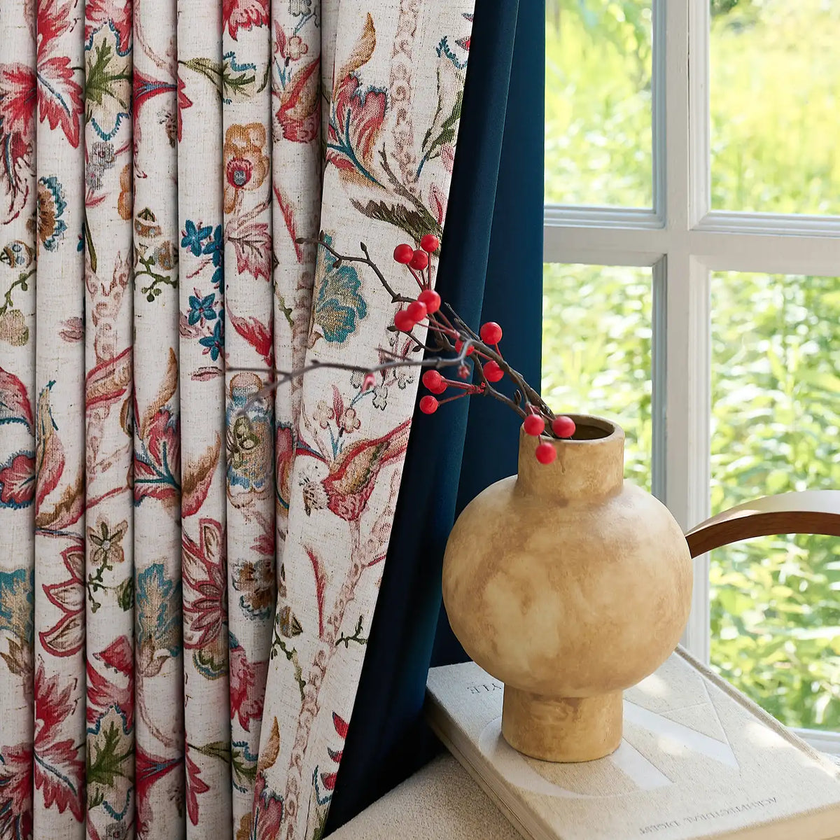 Ada Antique Garden Birds Linen Textured Blackout Drapes