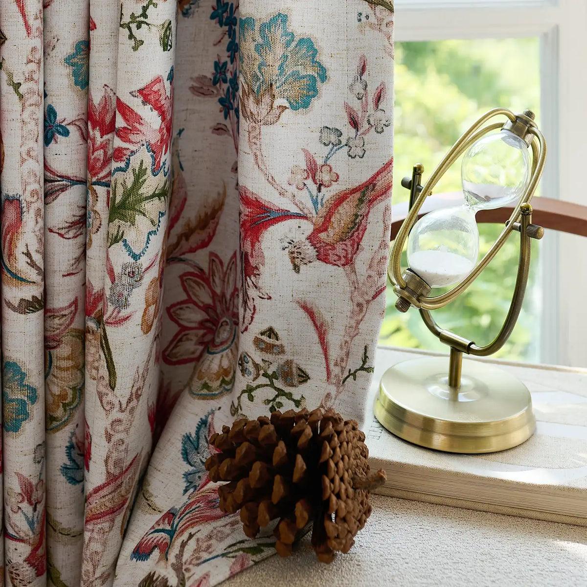 Ada Antique Garden Birds Linen Textured Blackout Drapes