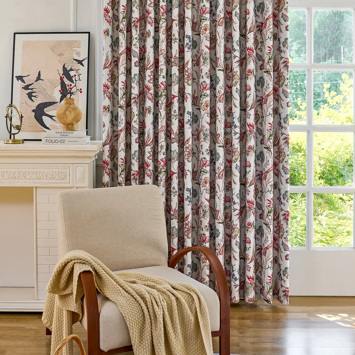 Ada Antique Garden Birds Linen Textured Blackout Drapes
