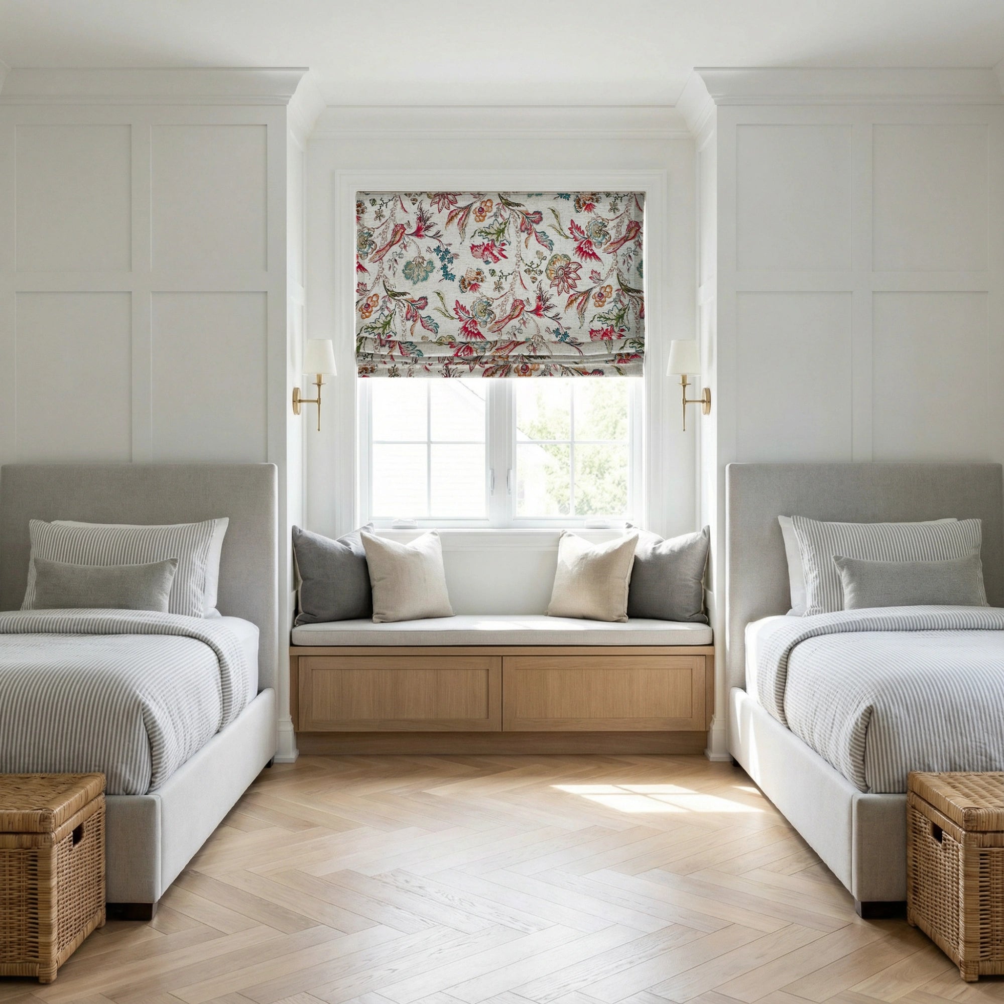 Ada Antique Garden Birds Linen Textured Blackout Roman Shades: Image scene_2 showcases the roman shade with delicate antique garden birds patterns, natural linen textured fabric, excellent blackout function and stylish home scene coordination.