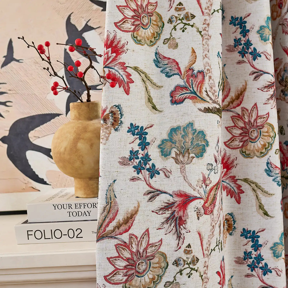 Ada Antique Garden Birds Linen Textured Blackout Drapes