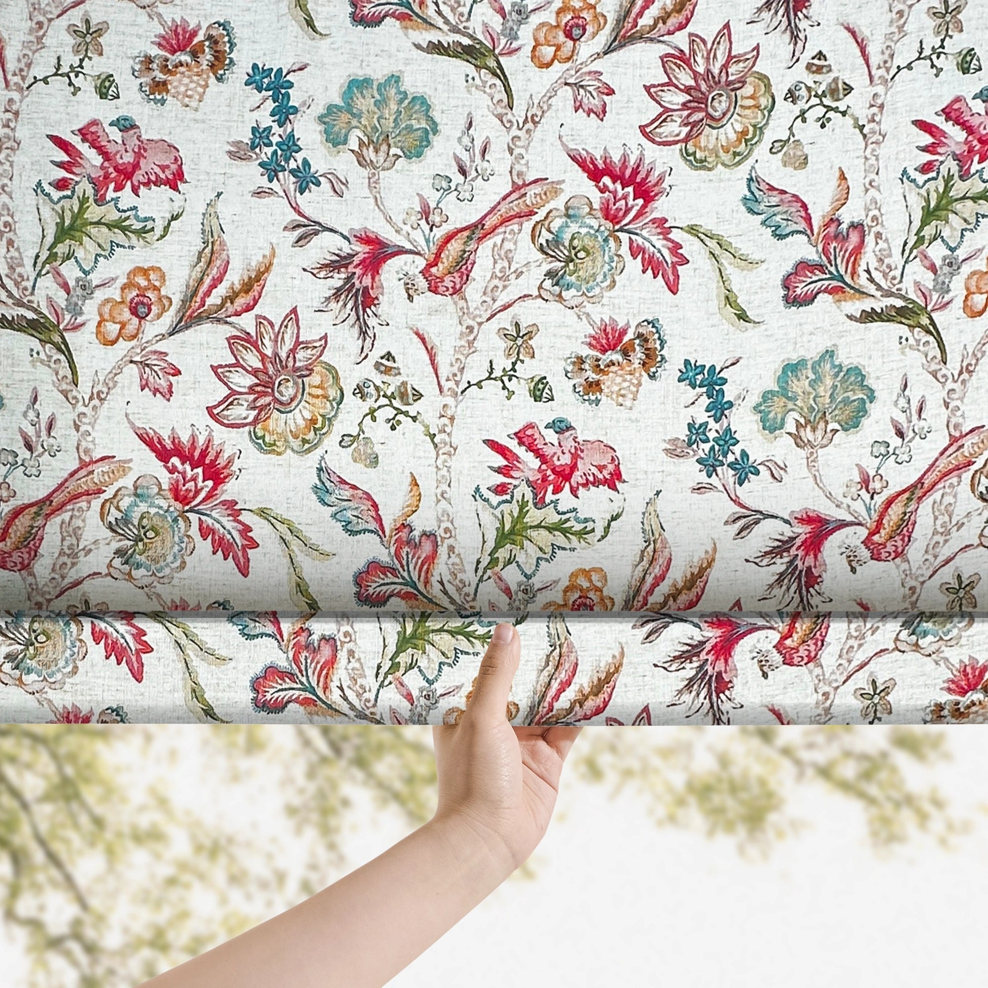 Ada Antique Garden Birds Linen Textured Blackout Roman Shades: Image scene_3 showcases the roman shade with elegant antique garden birds patterns, premium linen textured fabric, great blackout effect and stylish home scene display.