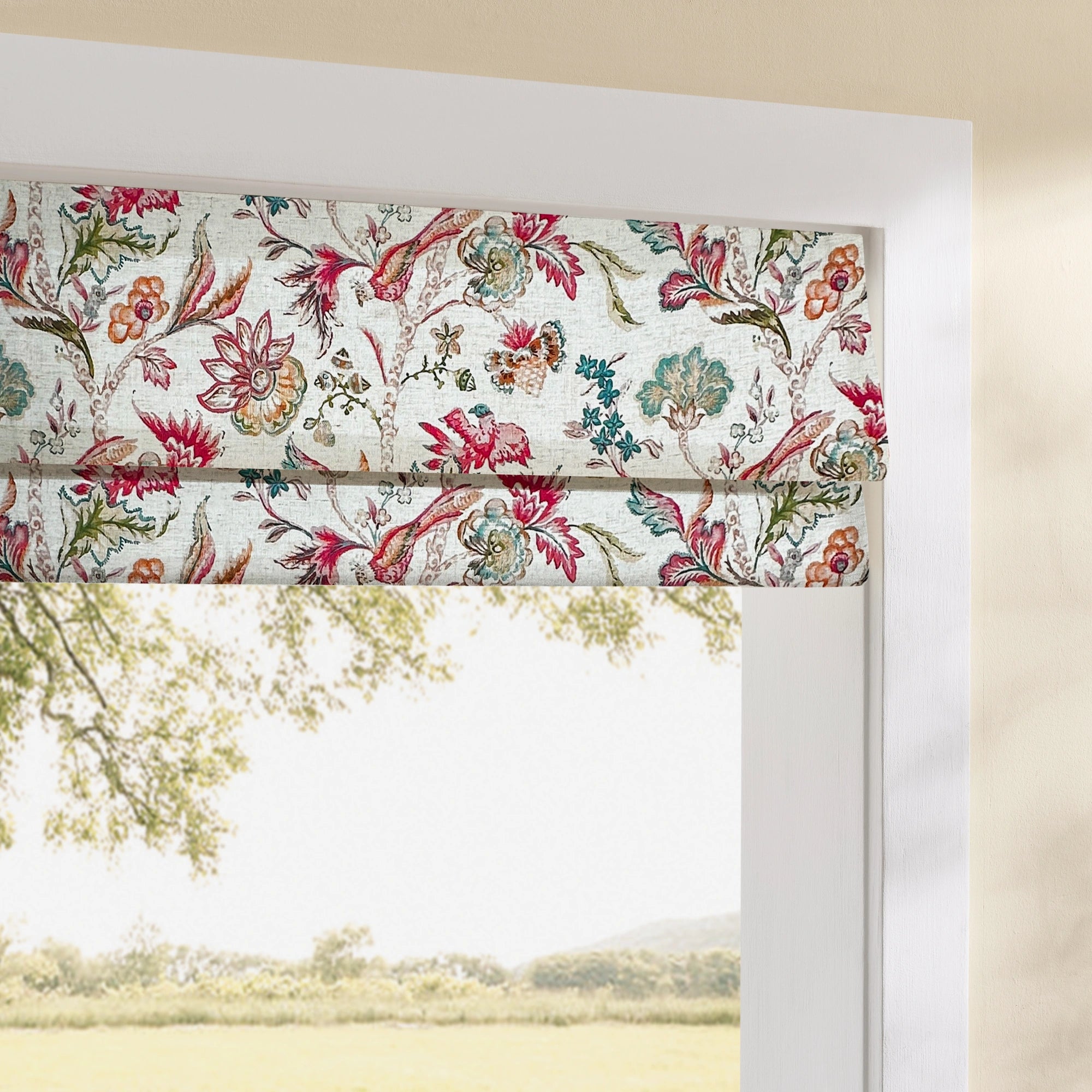 Ada Antique Garden Birds Linen Textured Blackout Roman Shades: Image scene_4 showcases the roman shade with exquisite antique garden birds patterns, high-quality linen textured fabric, perfect blackout effect and stylish home scene display.