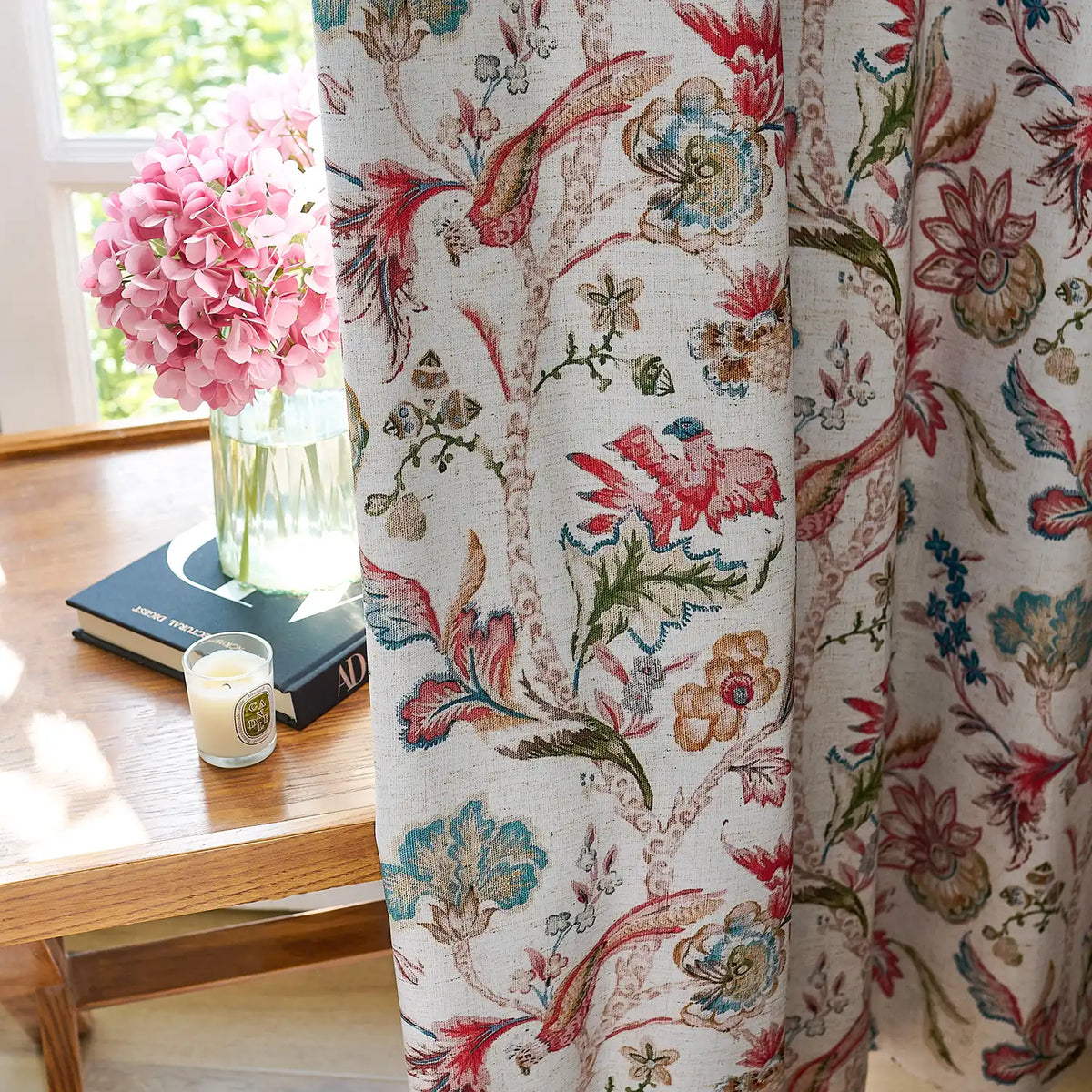 Ada Antique Garden Birds Linen Textured Blackout Drapes