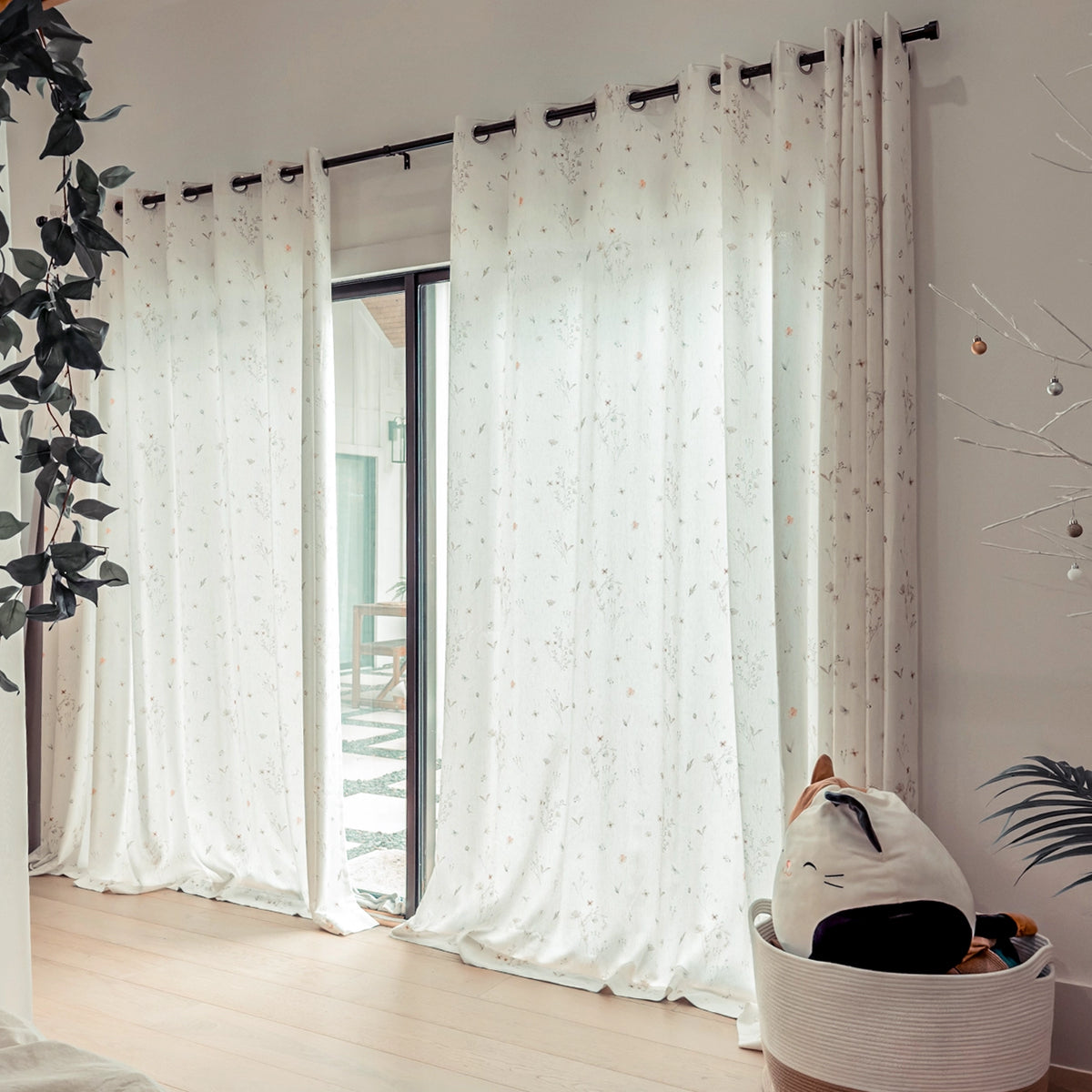 Adelise 800-1-1 mist beige linen textured floral sheer curtains showcasing overall look and soft drape