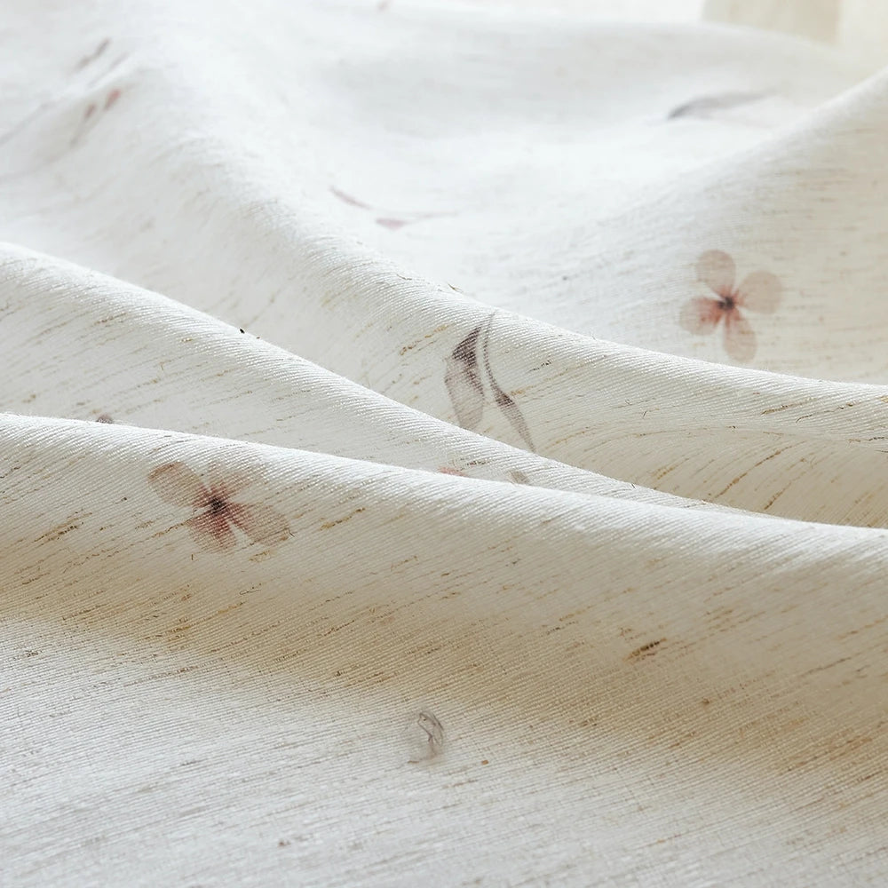 Adelise 800-1 detail 2 mist beige linen textured floral sheer curtains showcasing fabric texture and floral details