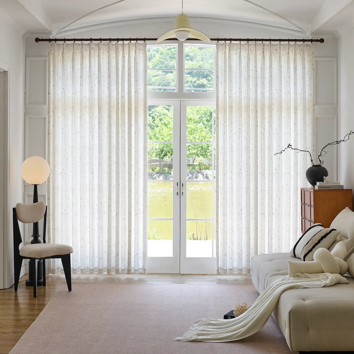 Adelise 800-1 scene 1 mist beige linen textured floral sheer curtains showcasing hanging effect and pattern