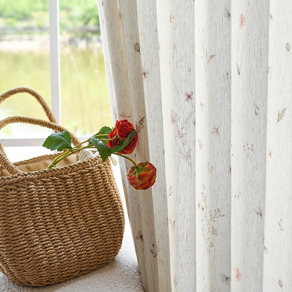 Adelise 800-1 scene 10 mist beige linen textured floral sheer curtains showcasing natural drape and light filtering