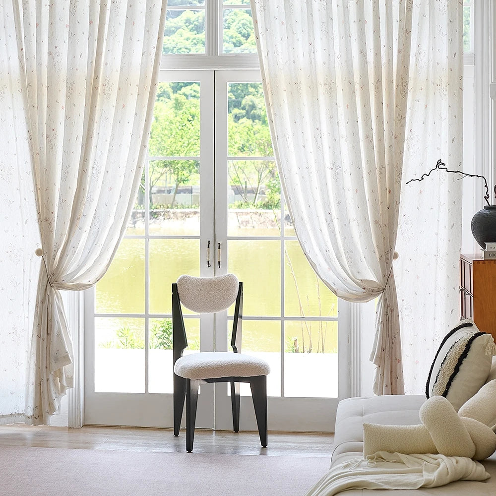 Adelise 800-1 scene 14 mist beige linen textured floral sheer curtains showcasing natural drape and light filtering
