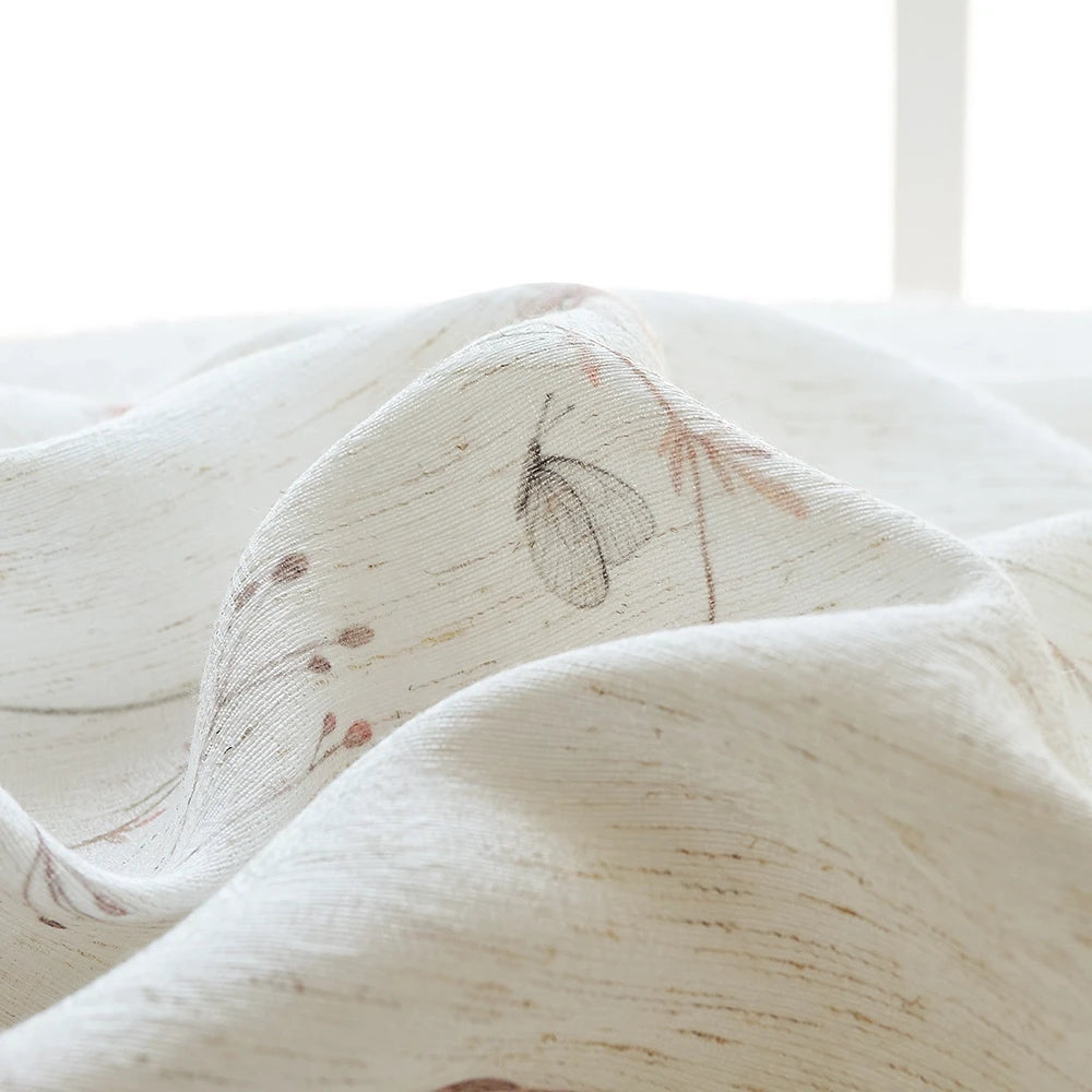 Adelise 800-1 scene 16 mist beige linen textured floral sheer curtains showcasing hanging effect and pattern