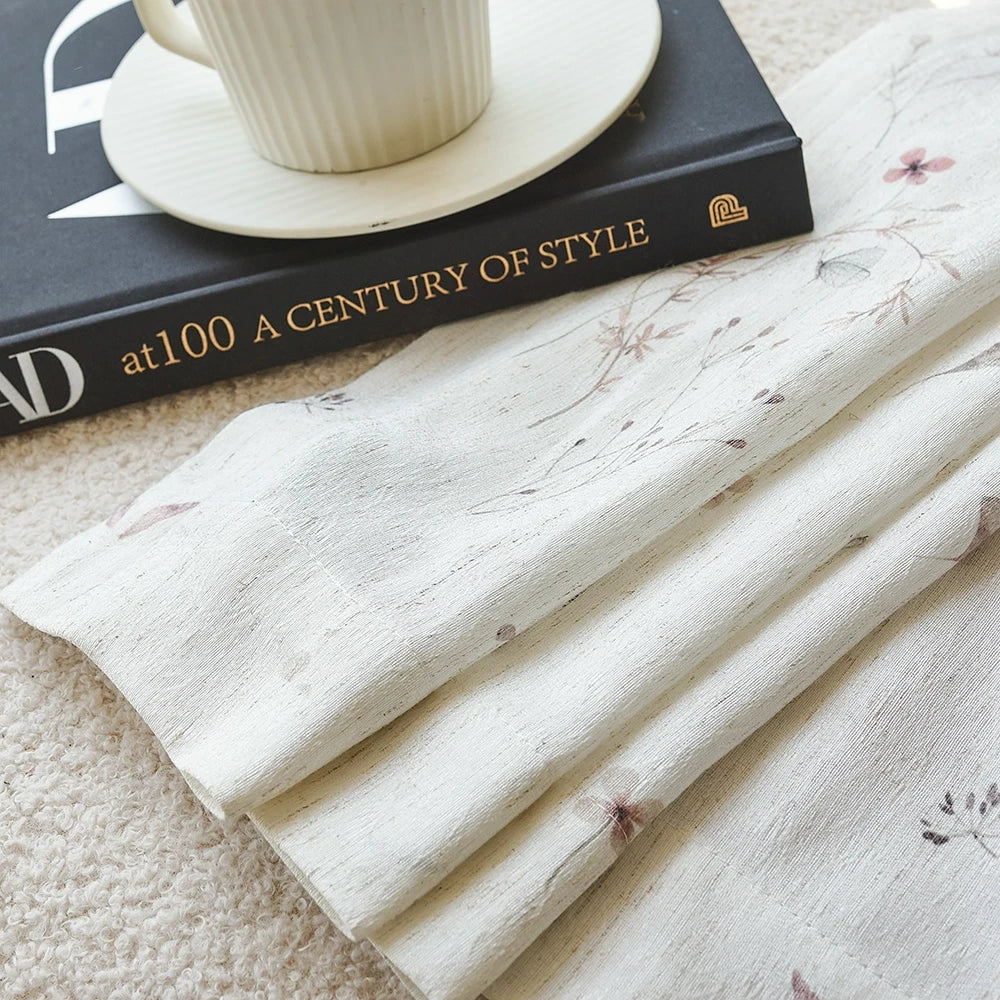 Adelise 800-1 scene 19 mist beige linen textured floral sheer curtains showcasing hanging effect and pattern
