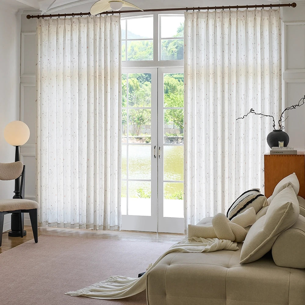 Adelise 800-1 scene 2 mist beige linen textured floral sheer curtains showcasing hanging effect and pattern