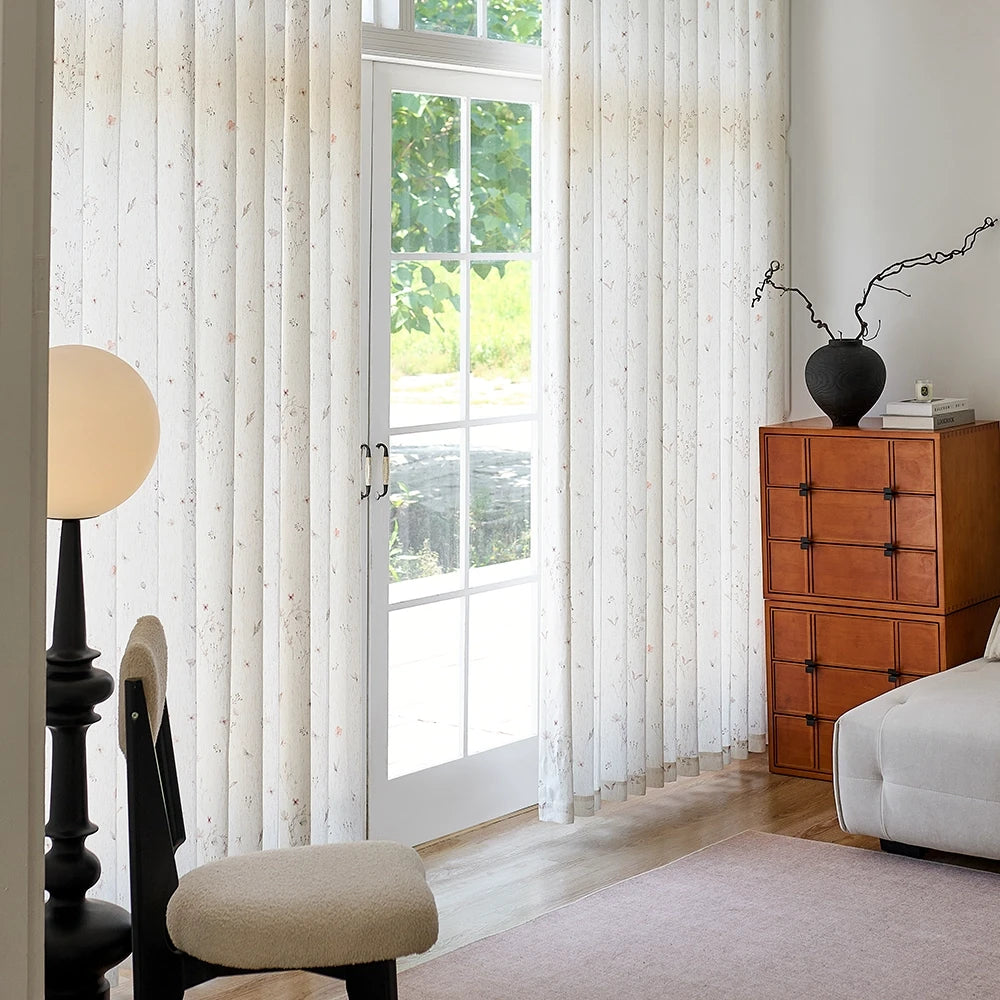 Adelise 800-1 scene 3 mist beige linen textured floral sheer curtains showcasing hanging effect and pattern