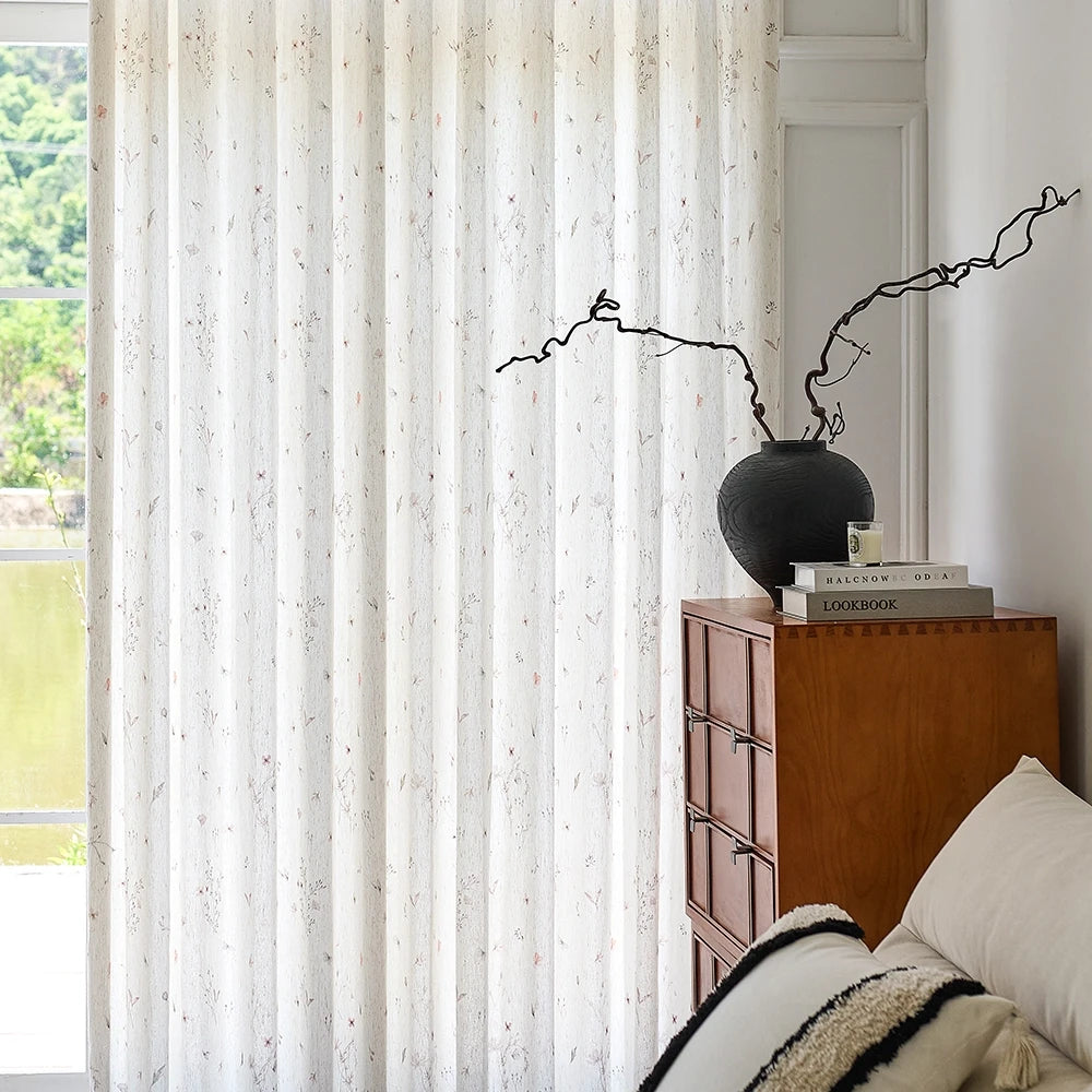 Adelise 800-1 scene 4 mist beige linen textured floral sheer curtains showcasing hanging effect and pattern