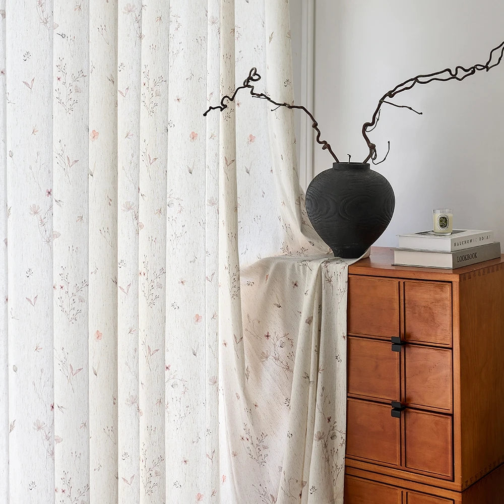 Adelise 800-1 scene 5 mist beige linen textured floral sheer curtains showcasing hanging effect and pattern