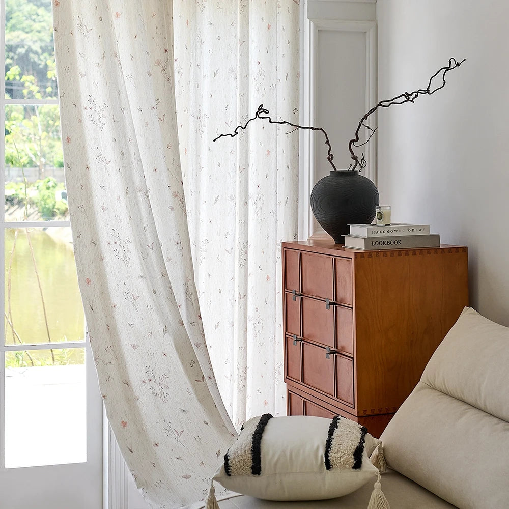 Adelise 800-1 scene 6 mist beige linen textured floral sheer curtains showcasing hanging effect and pattern