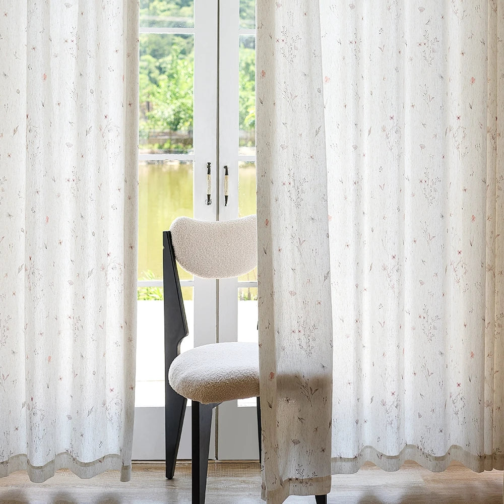 Adelise 800-1 scene 7 mist beige linen textured floral sheer curtains showcasing natural drape and light filtering