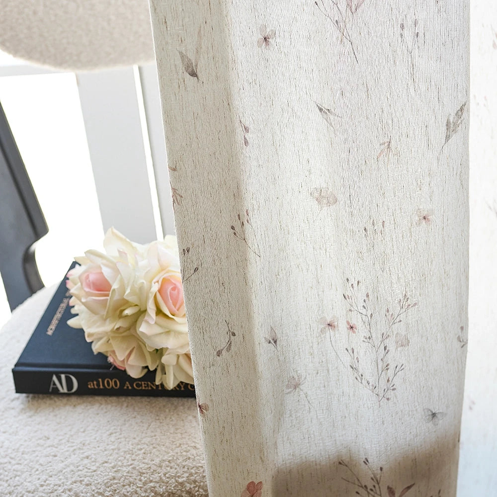 Adelise 800-1 scene 8 mist beige linen textured floral sheer curtains showcasing natural drape and light filtering
