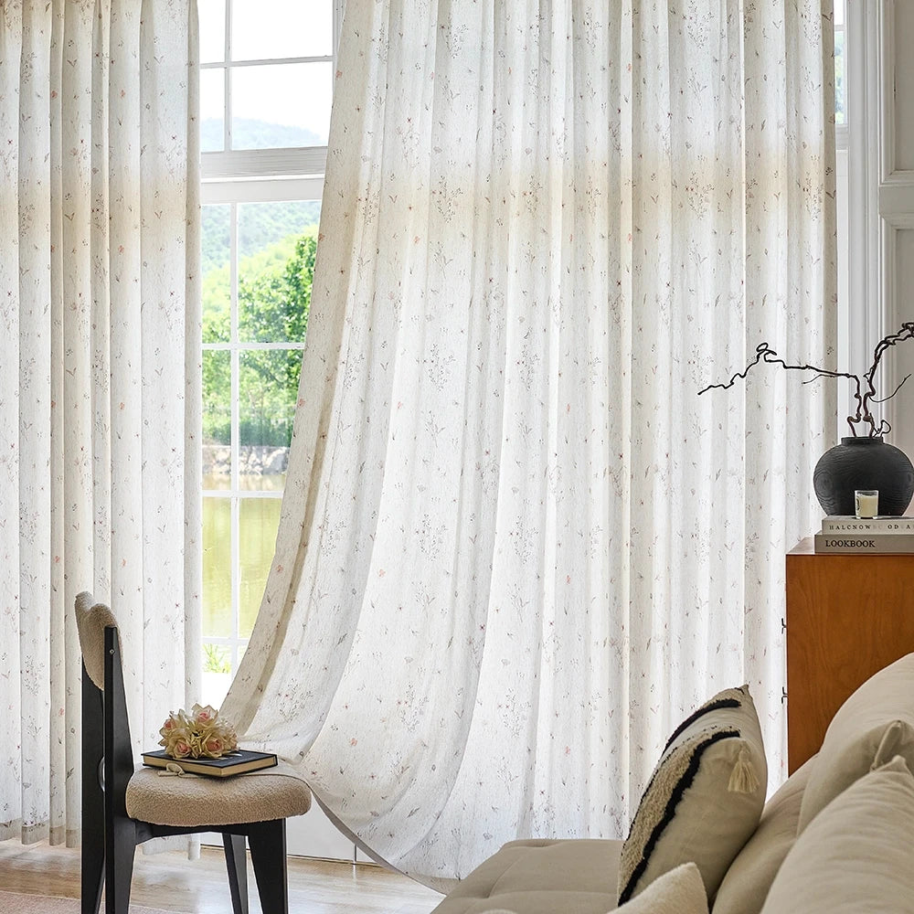 Adelise 800-1 scene 9 mist beige linen textured floral sheer curtains showcasing hanging effect and pattern