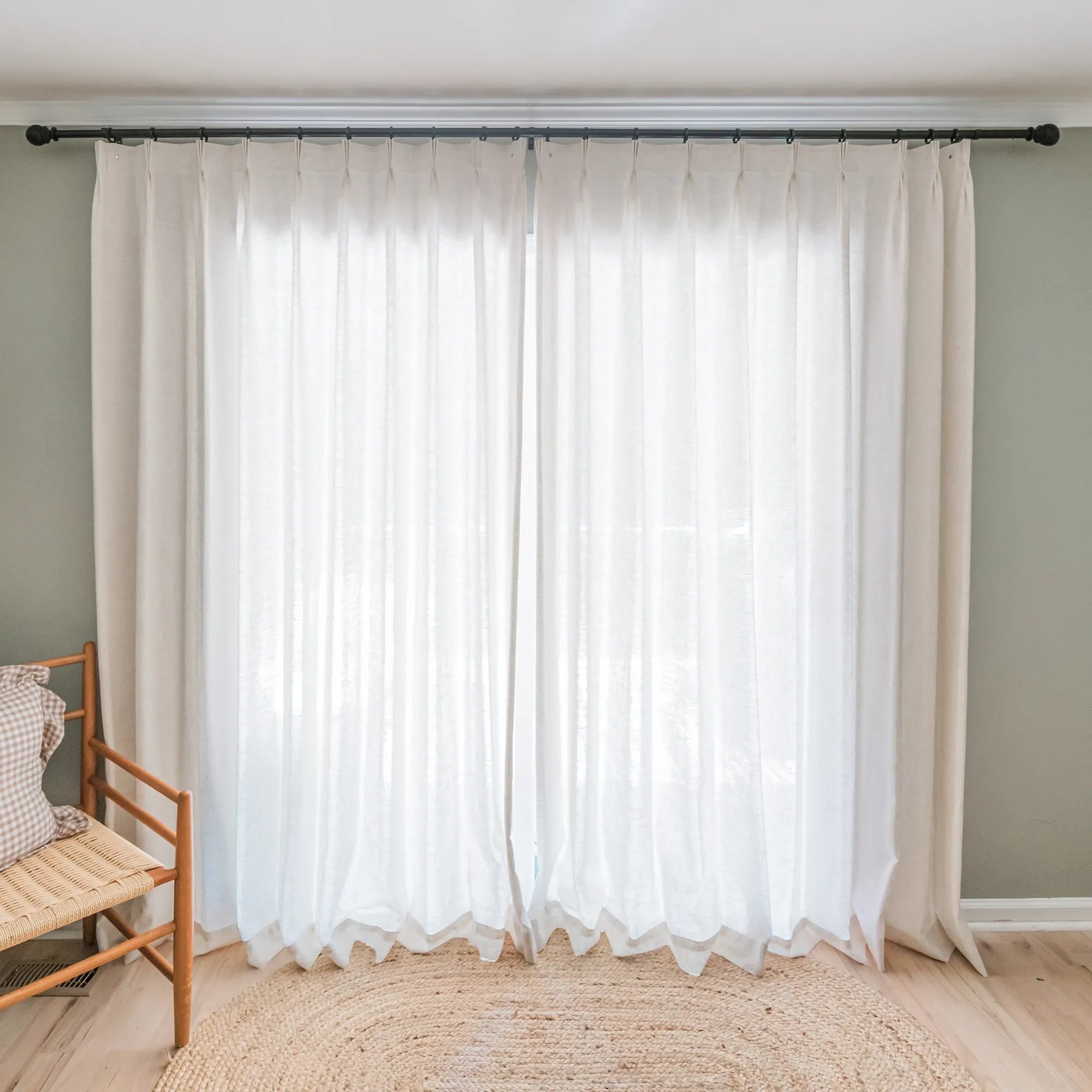 Amara extra long linen drapes for high ceilings in a bright living room
Light filtering extra long linen curtains for tall windows
Floor-to-ceiling linen drapes for two-story living room windows
Custom extra long curtains for large windows and high ceilings
Amara linen-blend drapes showing soft light filtering texture
