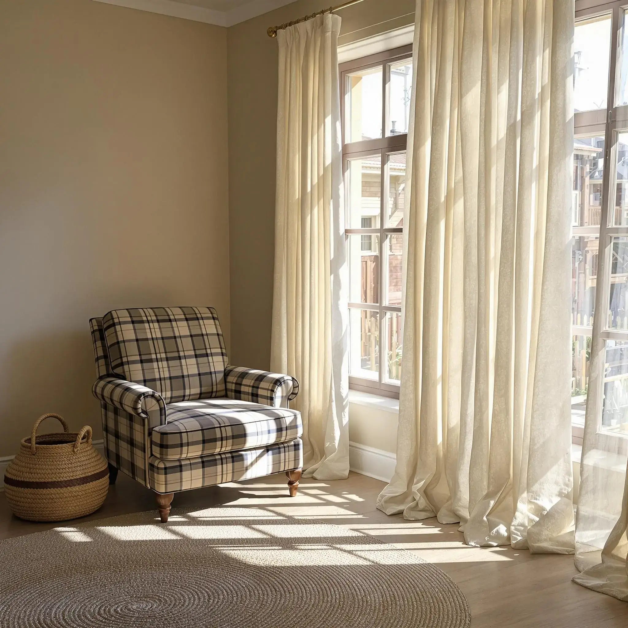 Amara extra long linen drapes for high ceilings in a bright living room
Light filtering extra long linen curtains for tall windows
Floor-to-ceiling linen drapes for two-story living room windows
Custom extra long curtains for large windows and high ceilings
Amara linen-blend drapes showing soft light filtering texture