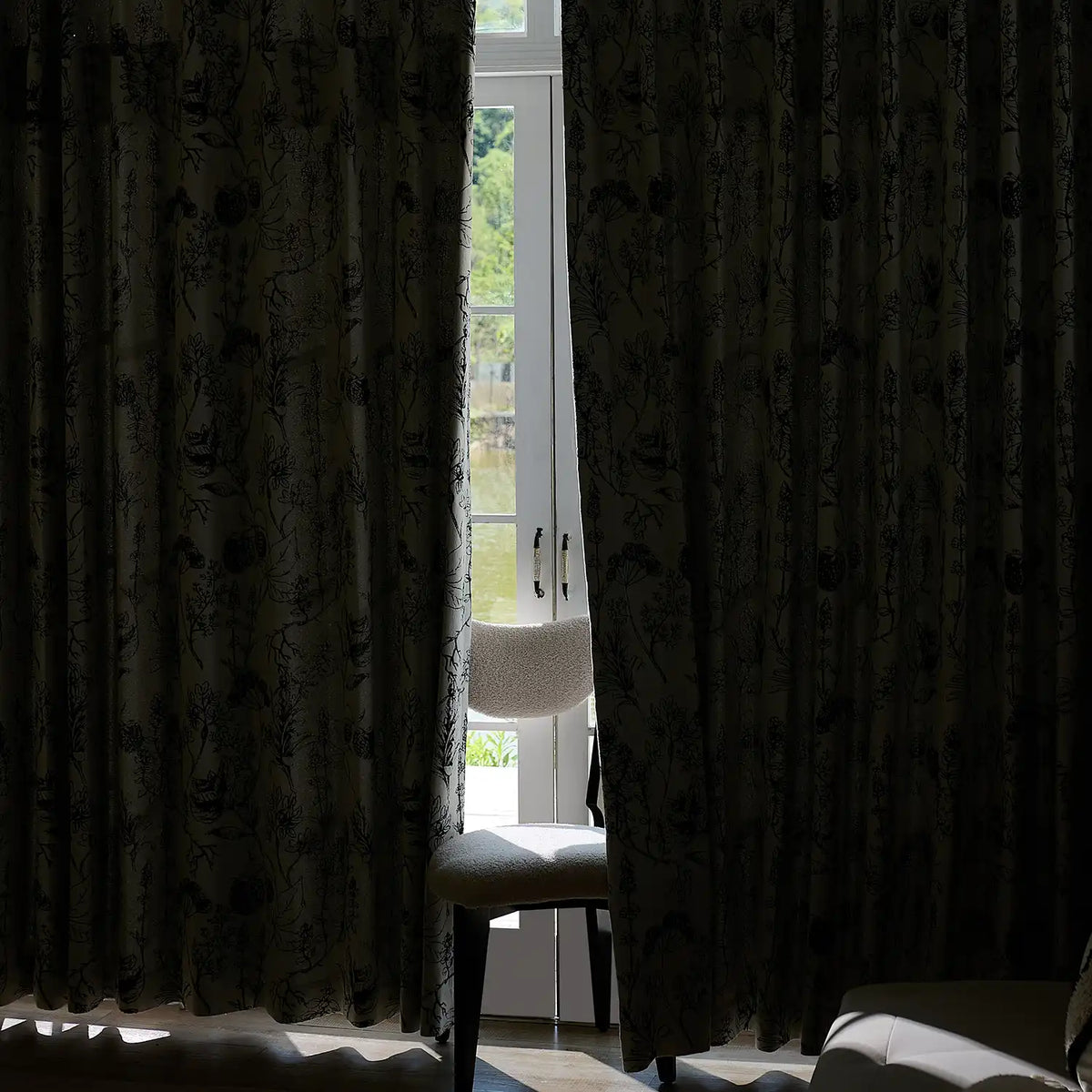 Arlina H-001_scene_10 black berry floral jacquard chenille blackout drapes in elegant home setting