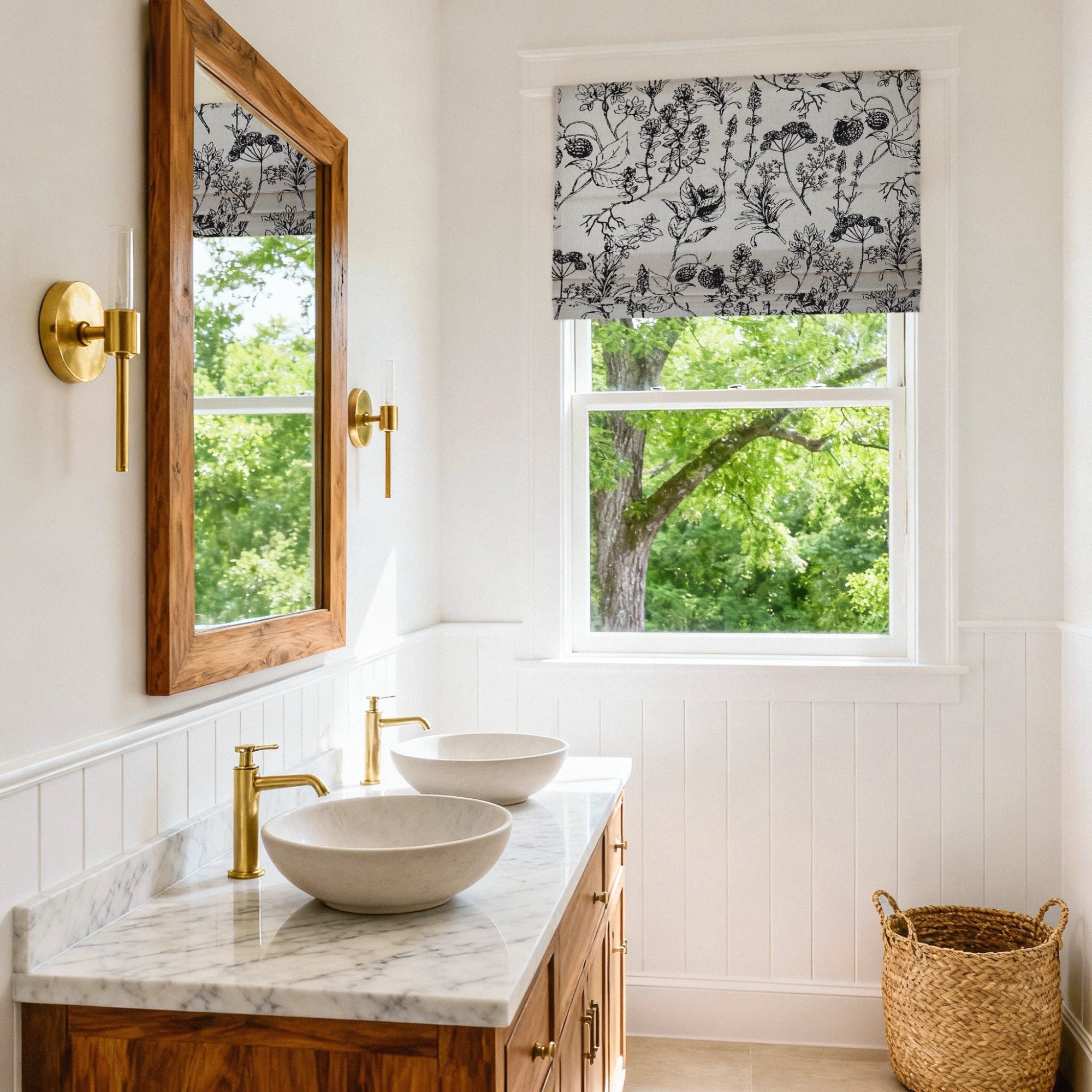 Arlina Black Berry Floral Jacquard Chenille Blackout Roman Shades: Image H-001_scene_1 displays the roman shade with elegant floral jacquard patterns, soft chenille fabric, excellent blackout effect and stylish home scene matching.