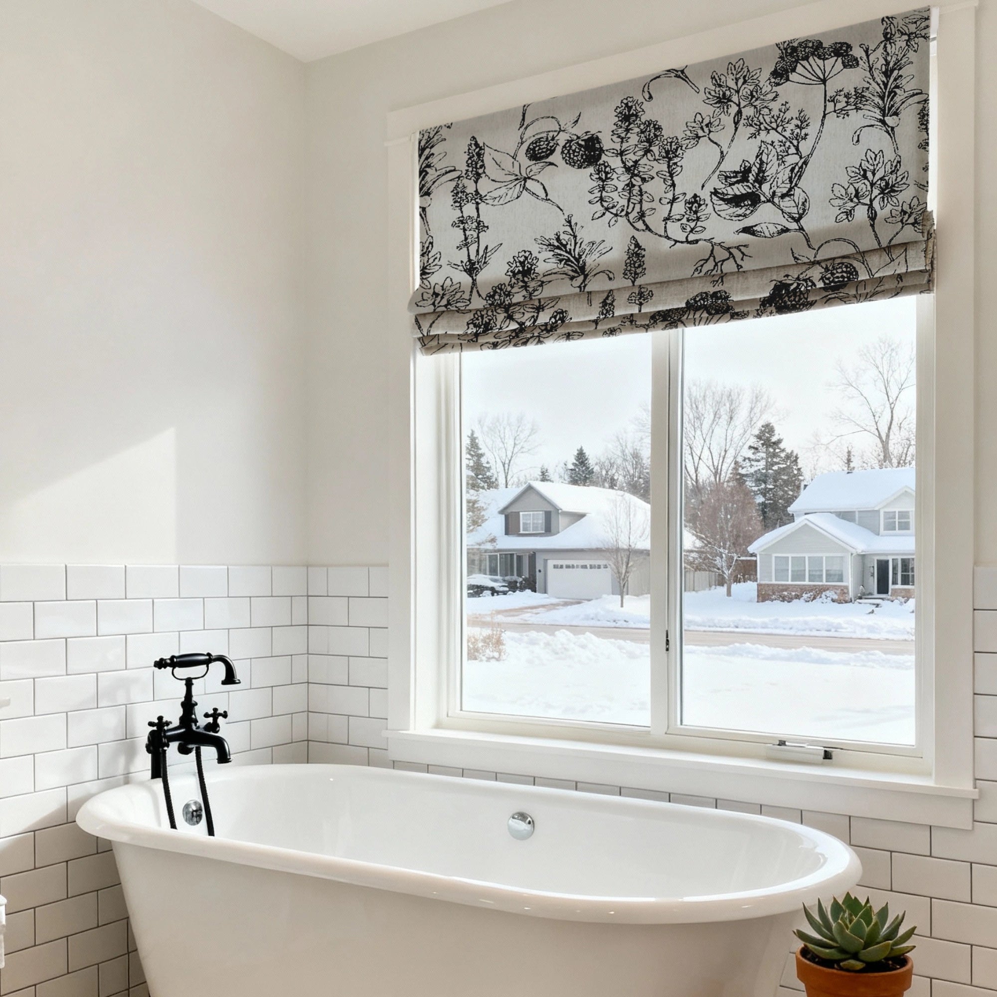 Arlina Black Berry Floral Jacquard Chenille Blackout Roman Shades: Image H-001_scene_2 displays the roman shade with elegant floral jacquard patterns, soft chenille fabric, excellent blackout effect and stylish home scene matching.