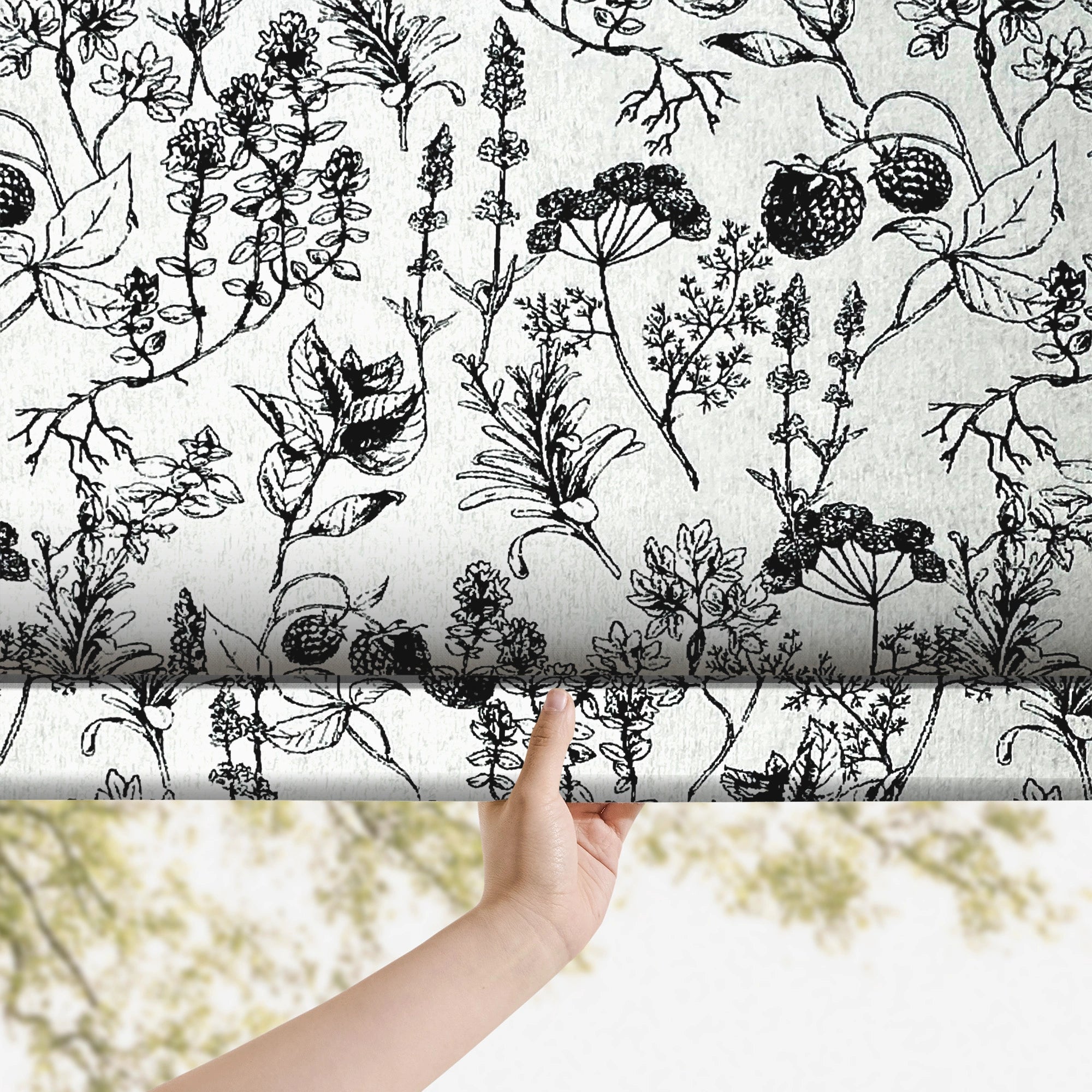 Arlina Black Berry Floral Jacquard Chenille Blackout Roman Shades: Image H-001_scene_3 showcases the roman shade with exquisite floral jacquard patterns, soft chenille fabric, great blackout effect and stylish home scene matching.