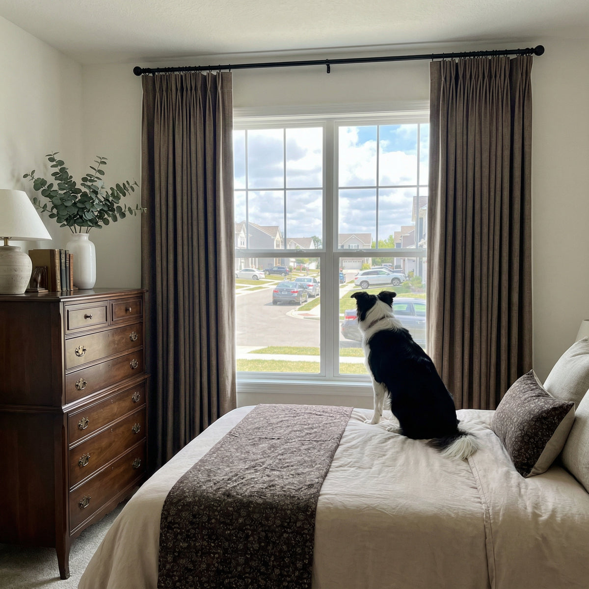 Arlise 100% Blackout Chenille Drapes OY12-278-11-2 showing open curtains for privacy protection and complete light blocking demonstration