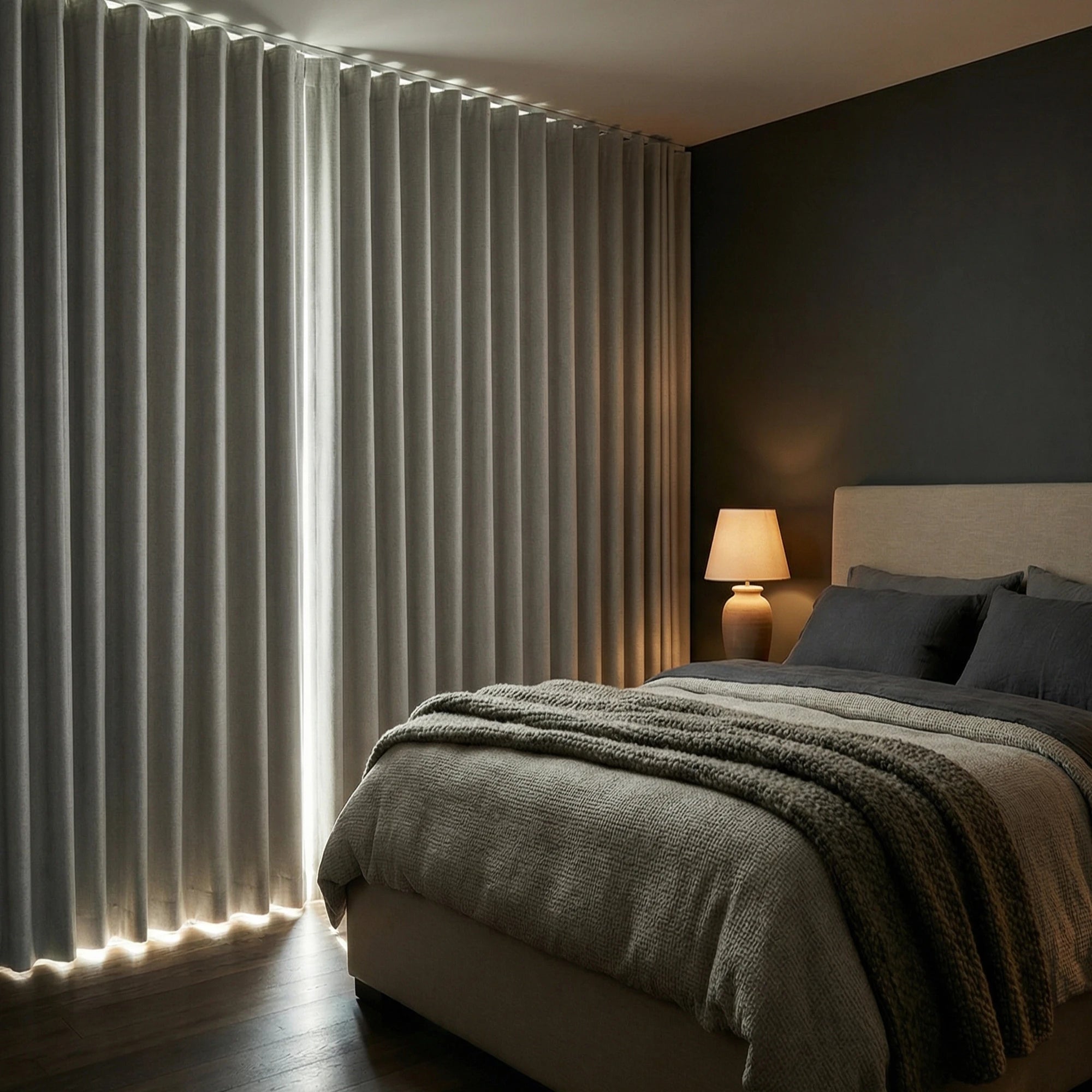 Arlise 100% Blackout Chenille Drapes OY12-278-5-2 showing closed curtains for privacy protection and complete light blocking demonstration