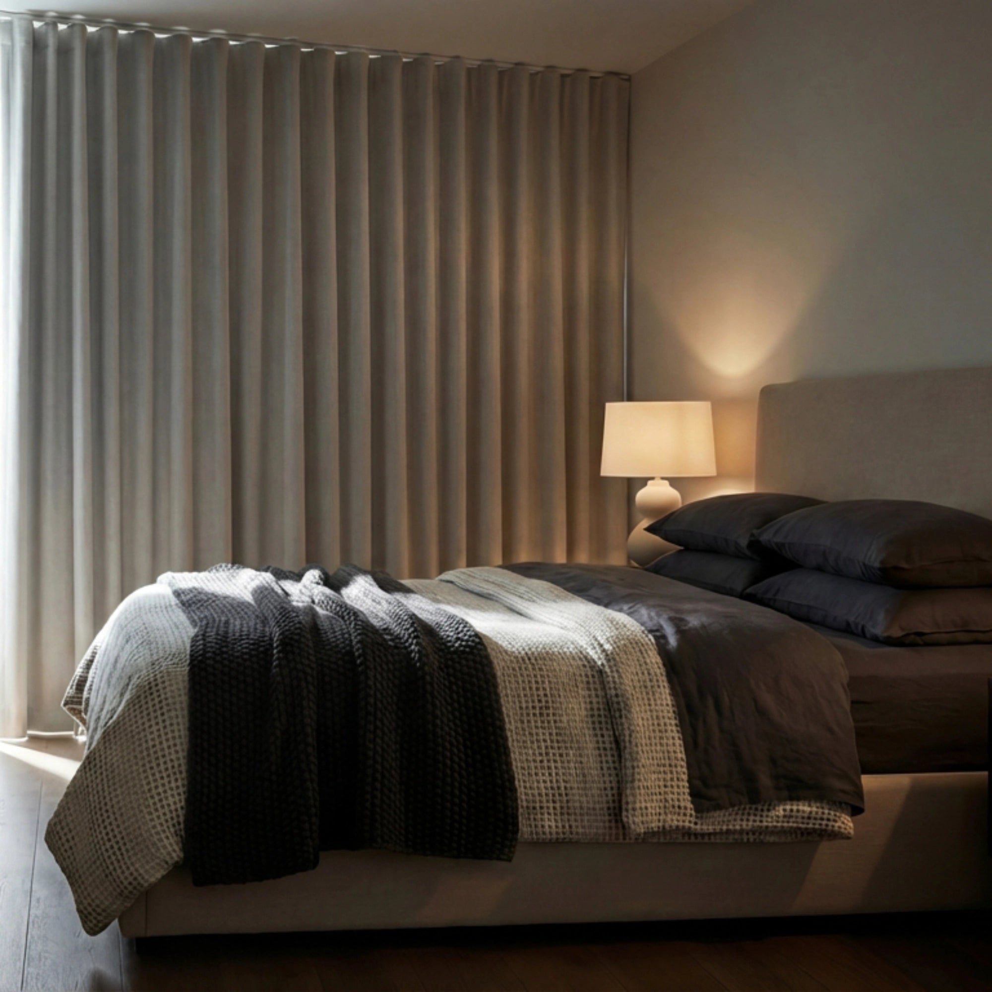 Arlise 100% Blackout Chenille Drapes OY12-278-5-9 showing closed curtains for privacy protection and complete light blocking demonstration