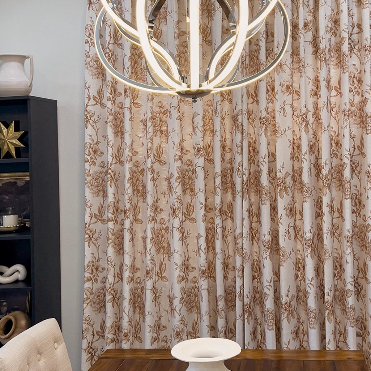 Aveline Print Vintage Mocha Brown Floral Linen Curtains