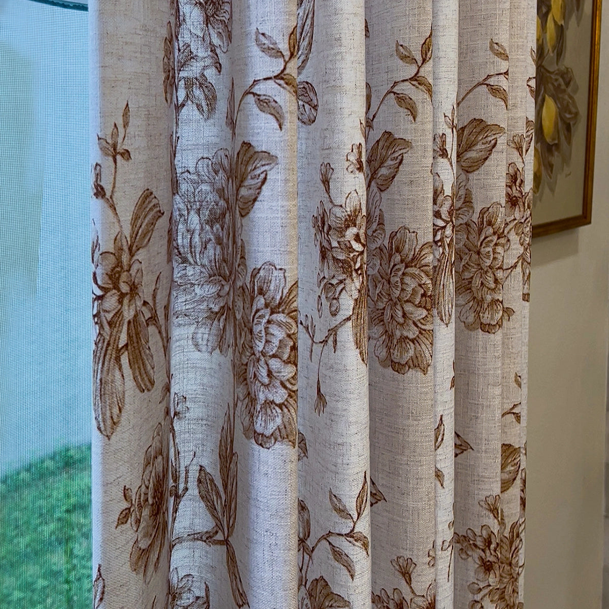 Aveline Print Vintage Mocha Brown Floral Linen Curtains