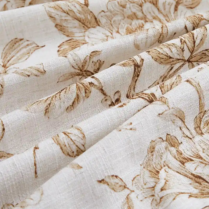 Aveline Print Vintage Mocha Brown Floral Linen Roman Shade: Image H-008_detail_2 highlights the delicate vintage mocha brown floral print details, soft linen fabric texture and exquisite craftsmanship of the roman shade.