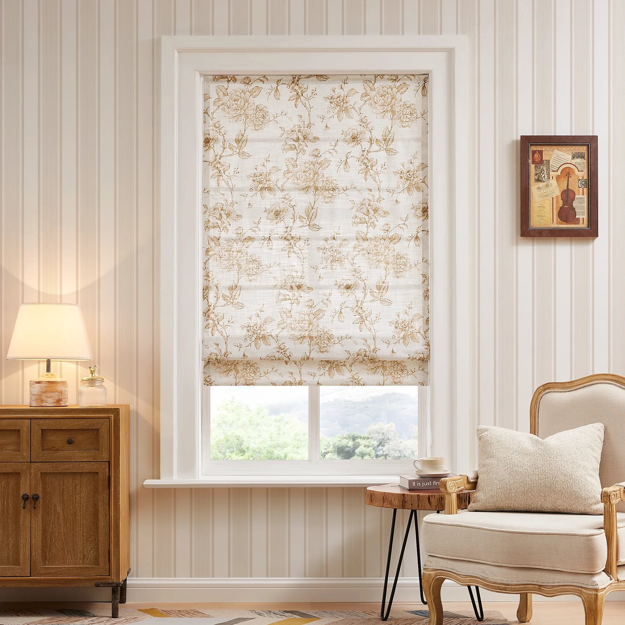 Aveline Print Vintage Mocha Brown Floral Linen Roman Shade: Image H-008_scene_1 showcases the roman shade with elegant vintage mocha brown floral print, natural linen fabric and stylish home scene display.