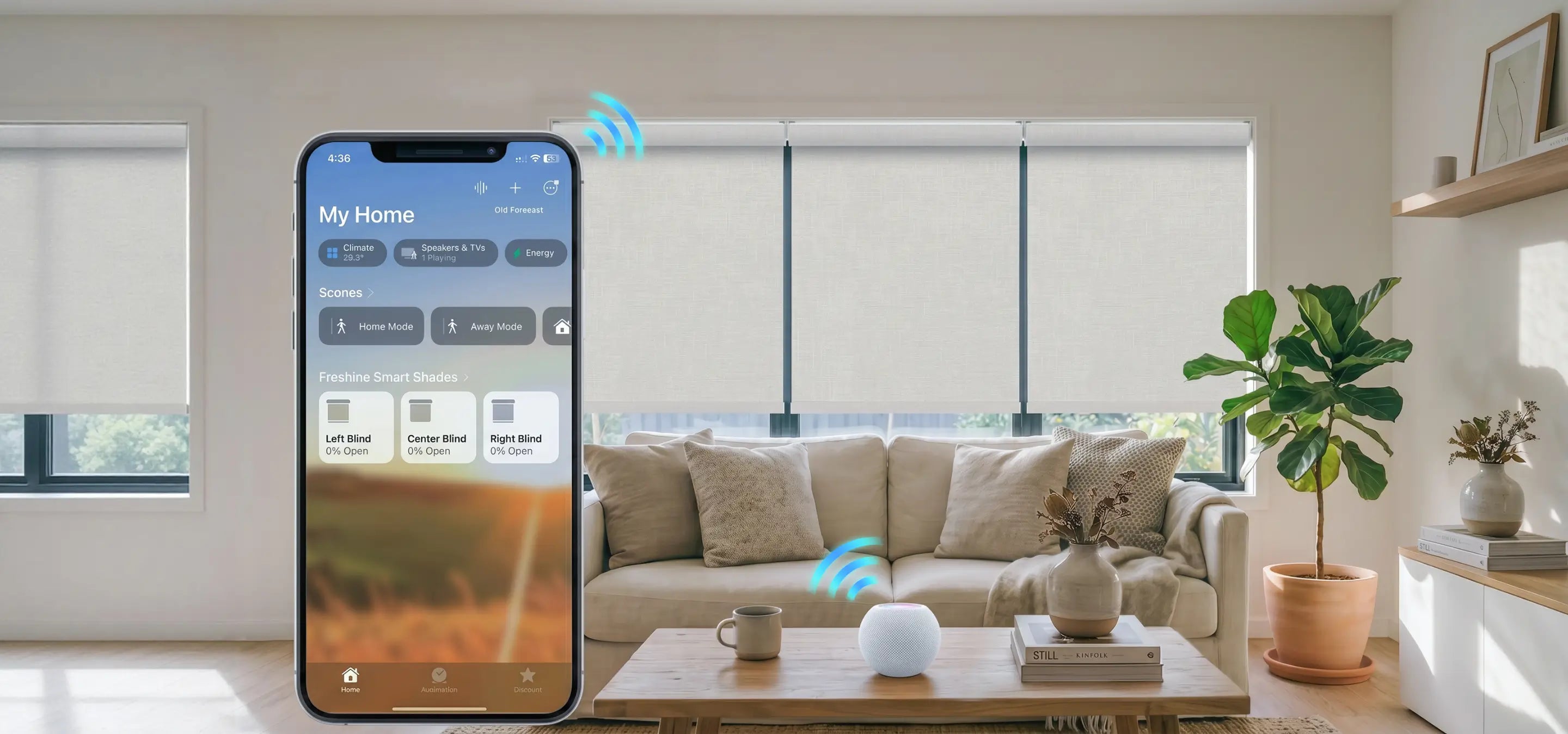 Smart home control app on a smartphone with smart blinds in a living room.