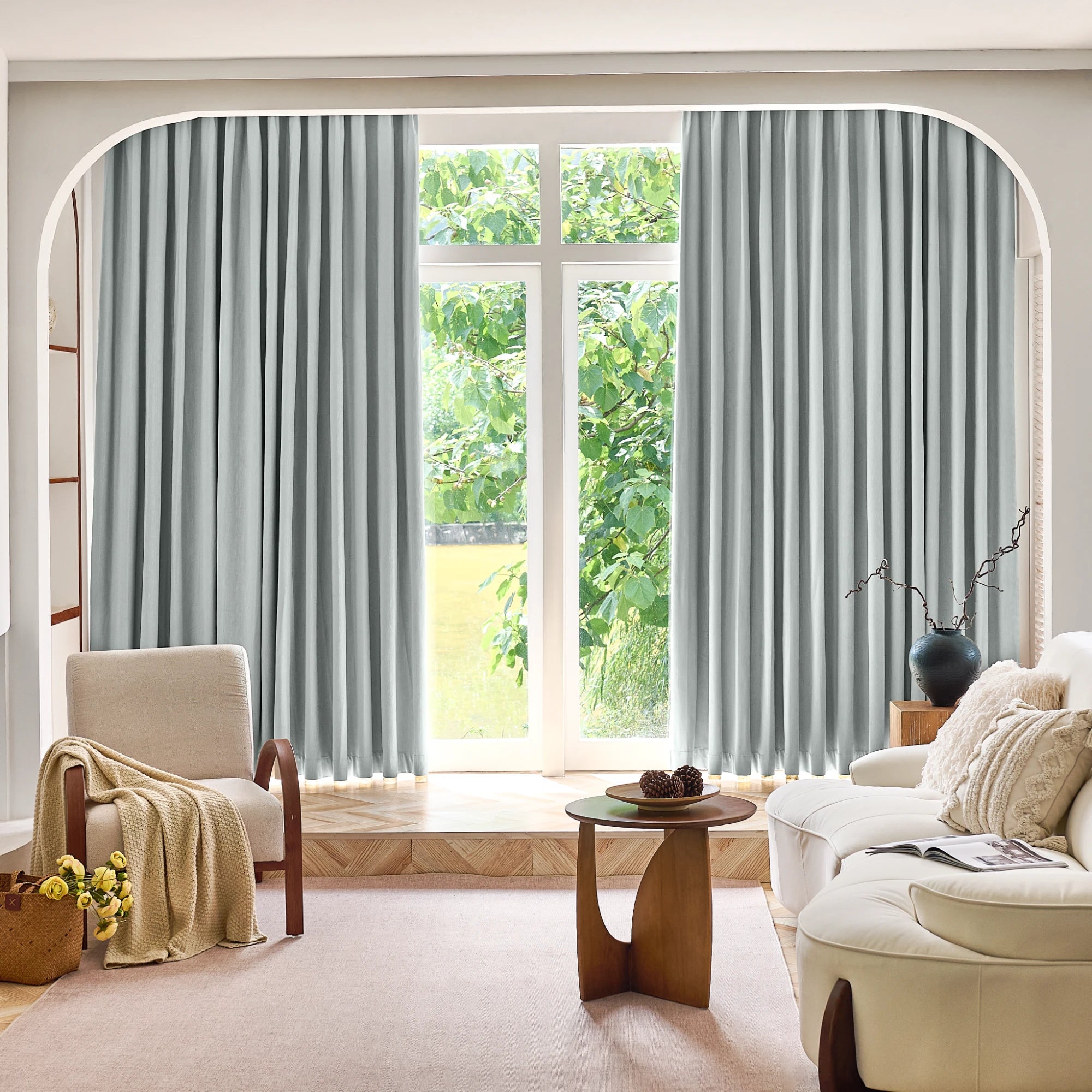 Brynna OY16-318-2_scene_1 100% Blackout Devoré Velvet Drapes in a modern home interior with elegant drape and luxurious texture