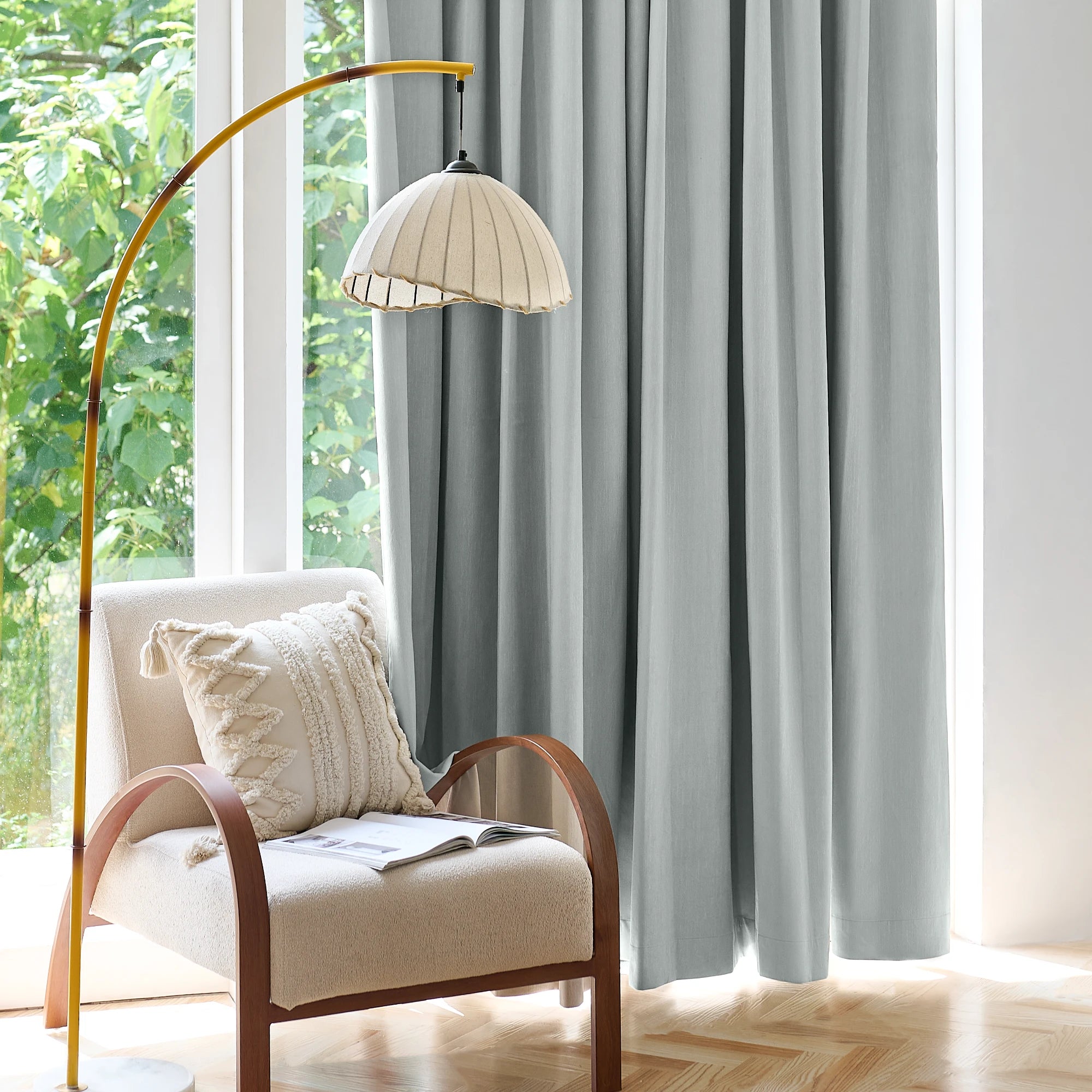 Brynna OY16-318-2_scene_4 100% Blackout Devoré Velvet Drapes in a modern home interior with elegant drape and luxurious texture