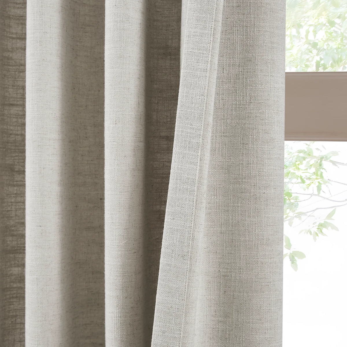 Caryss 9151-3 linen-blend curtains, light filtering with delicate drape, front and back detail display