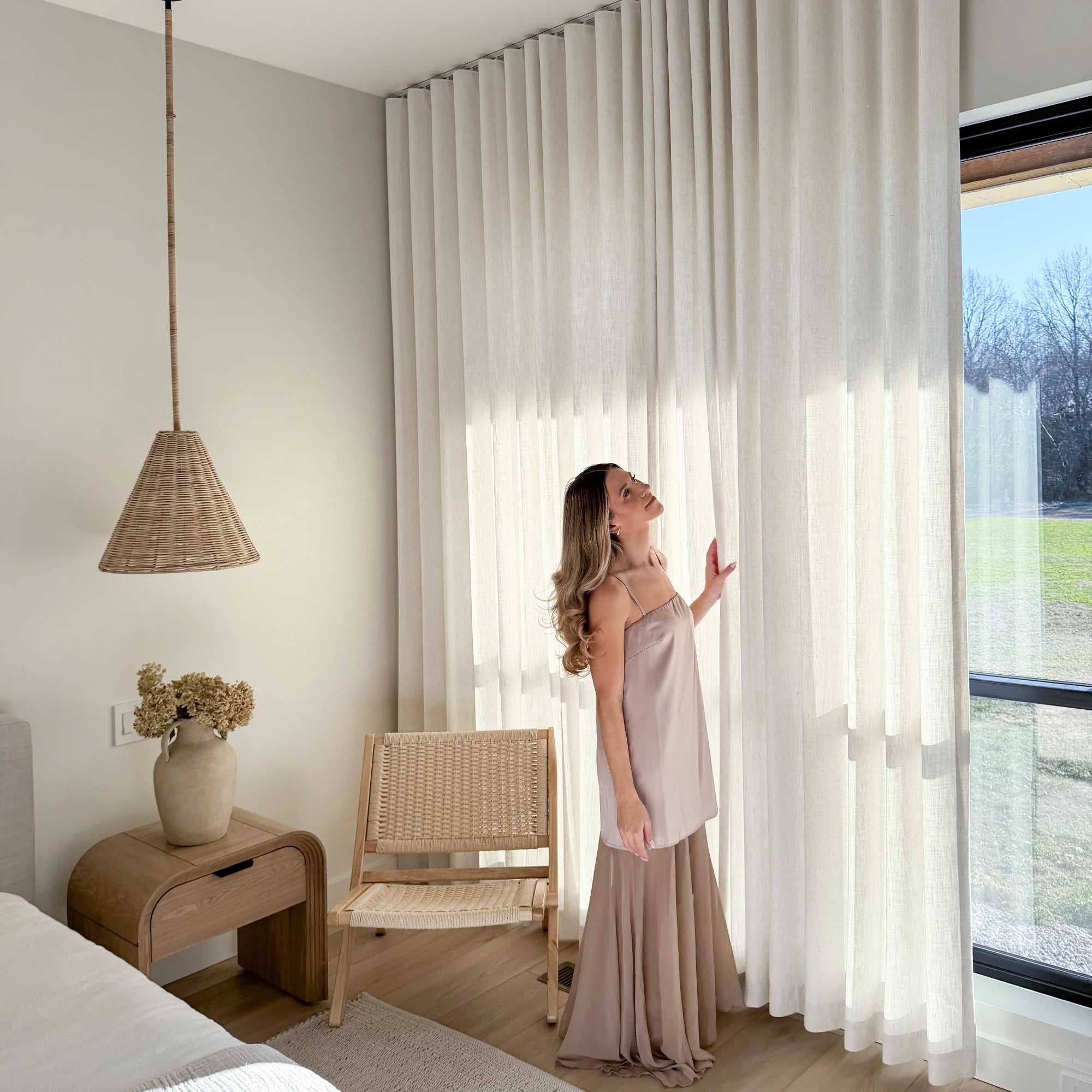 Celina 8823-2-1 floor-to-ceiling ripple fold linen curtains showcased in a bedroom product image highlighting the curtains