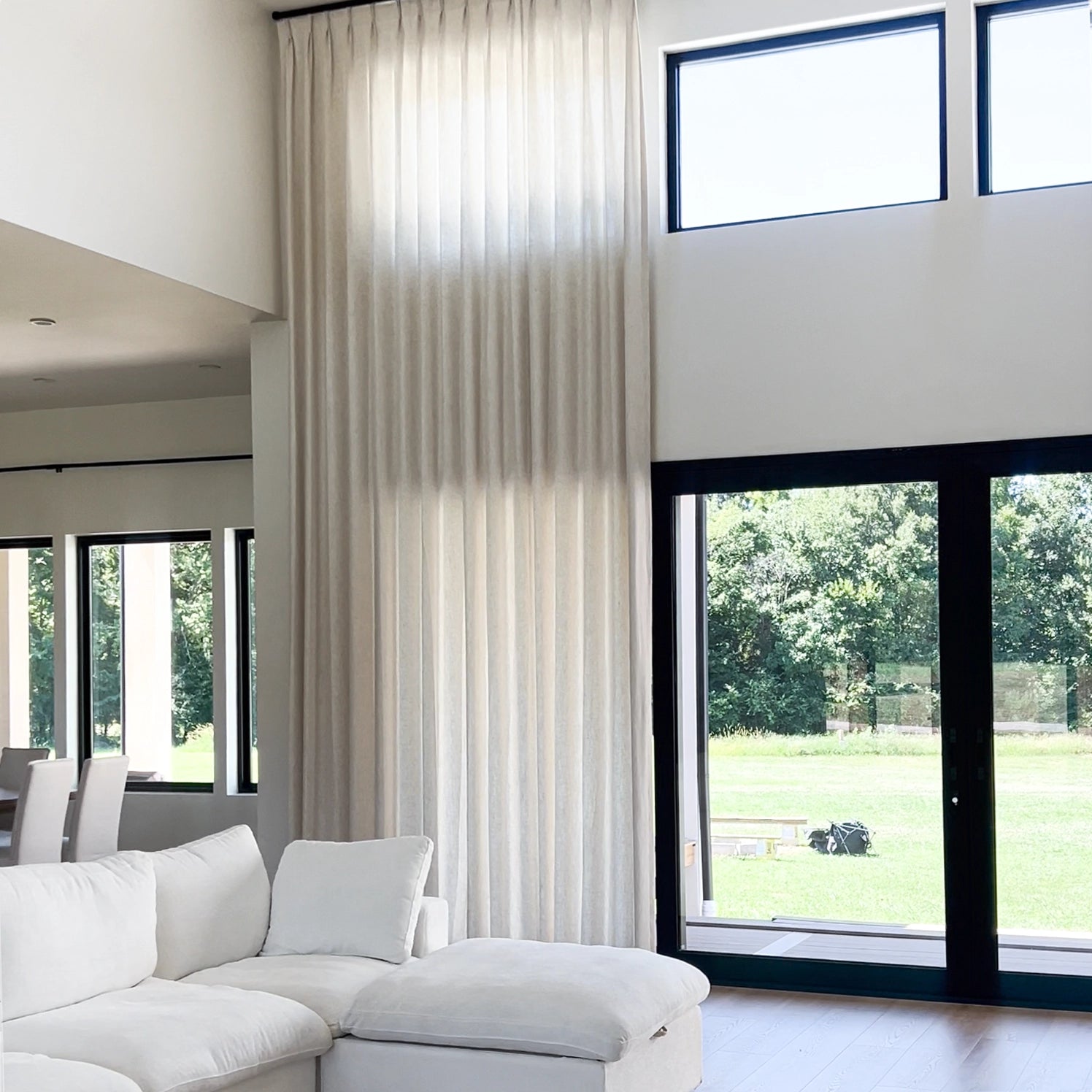 Celina extra long linen curtains for large windows , elegant linen drapes showcased in a cozy living room highlighting the curtain details